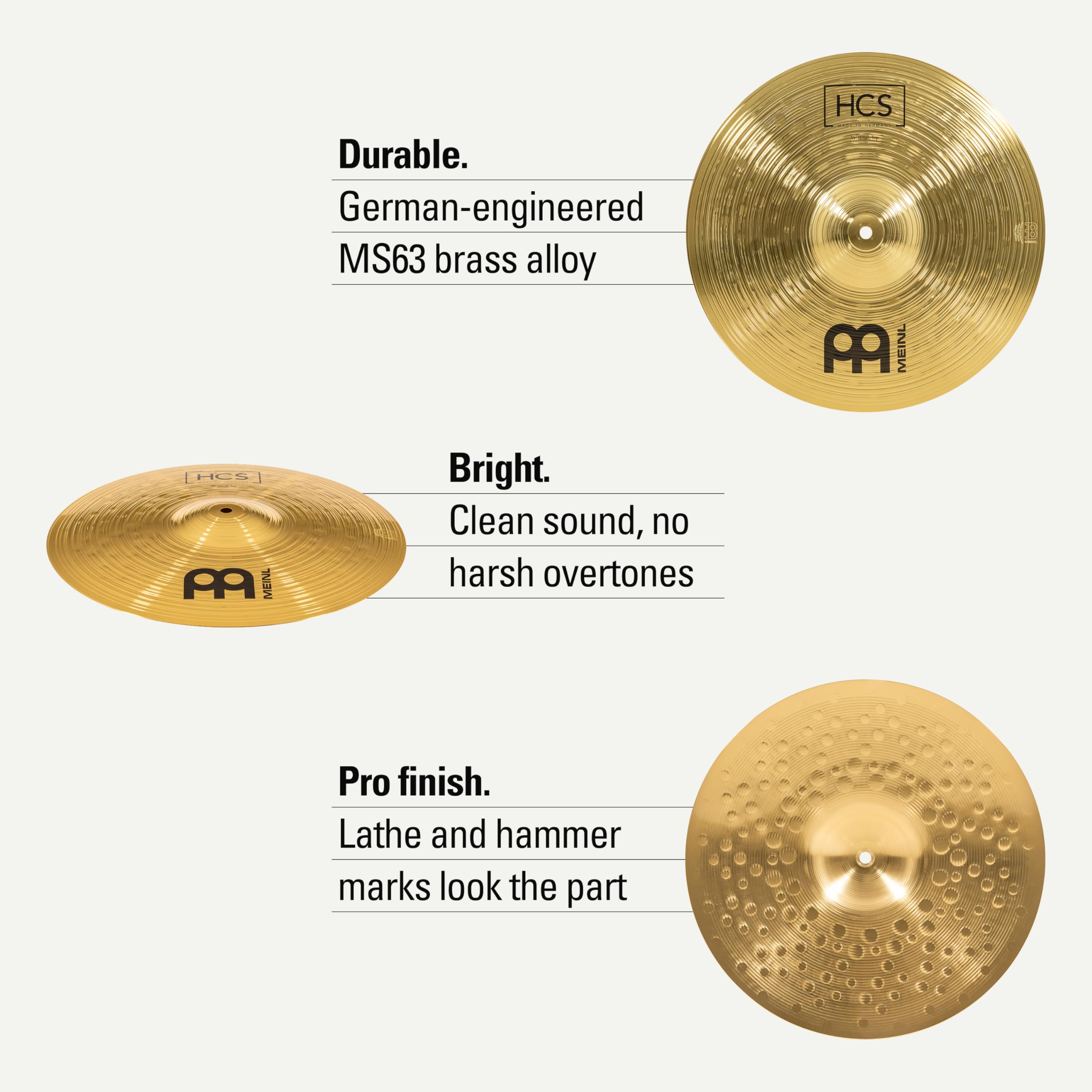 Meinl Cymbals HCS piatto Hi-Hat 15 pollici (38,1cm) per Batteria – Coppia – Finitura Tradizionale Ottone, Made In Germany (HCS15H)