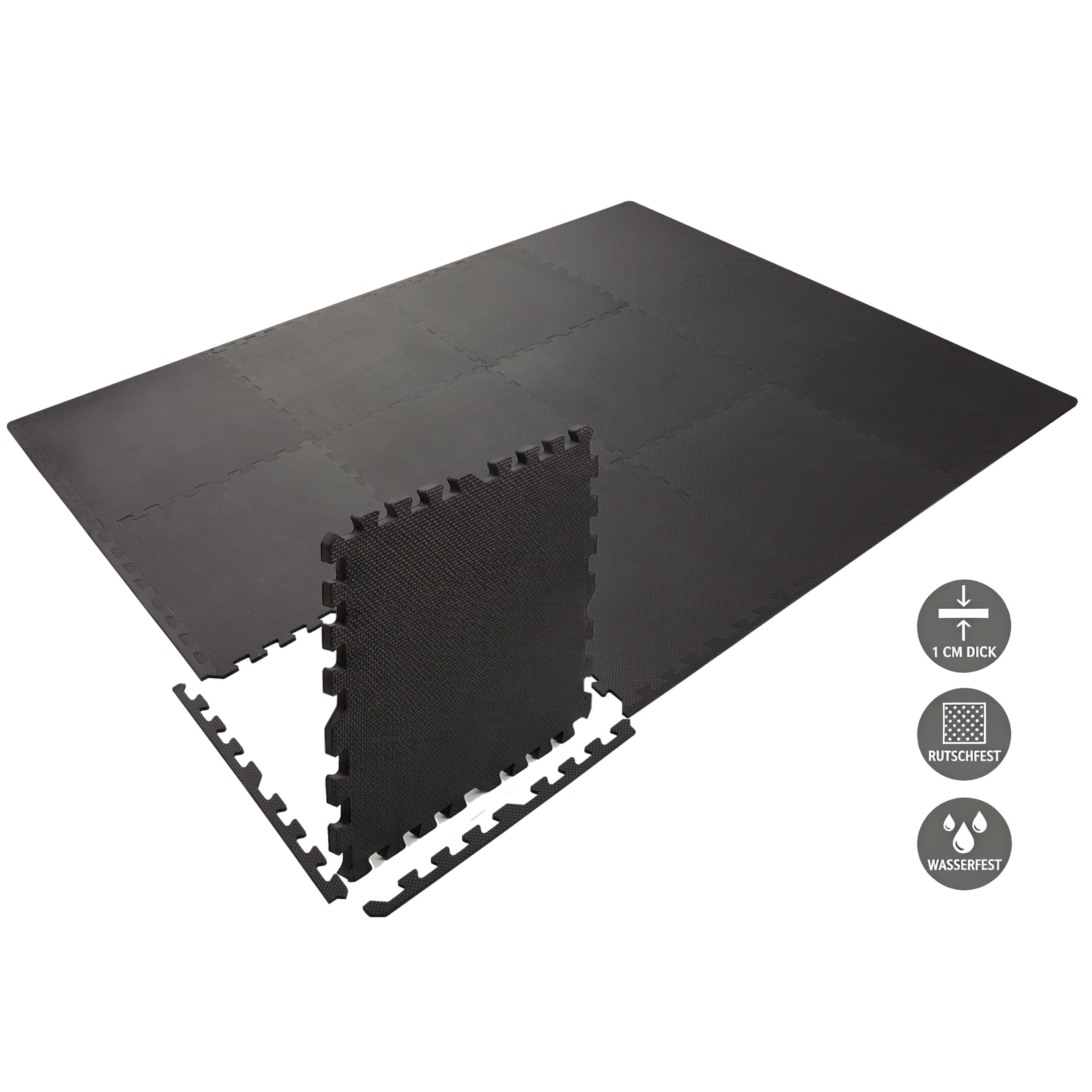 Bodenschutzmatte 60x60x1cm – Große Eva Puzzlematte als Poolunterlage, Fitnessmatte & Unterlegmatte – wasserfest, stoßdämpfend – 12/48 Teile Grau & Schwarz