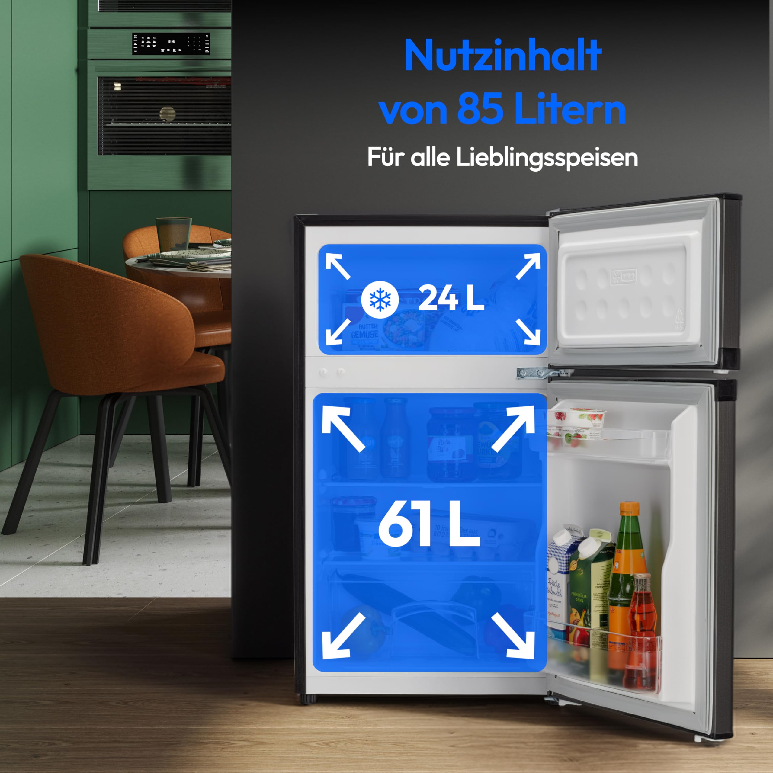 MEDION Mini Kühl-Gefrierkombination (85 Liter, 61L Kühlteil, 24L Gefrierteil, freistehend, 40 dB, transparente Gemüseschublade, Türanschlag wechselbar, MD 37689) grau