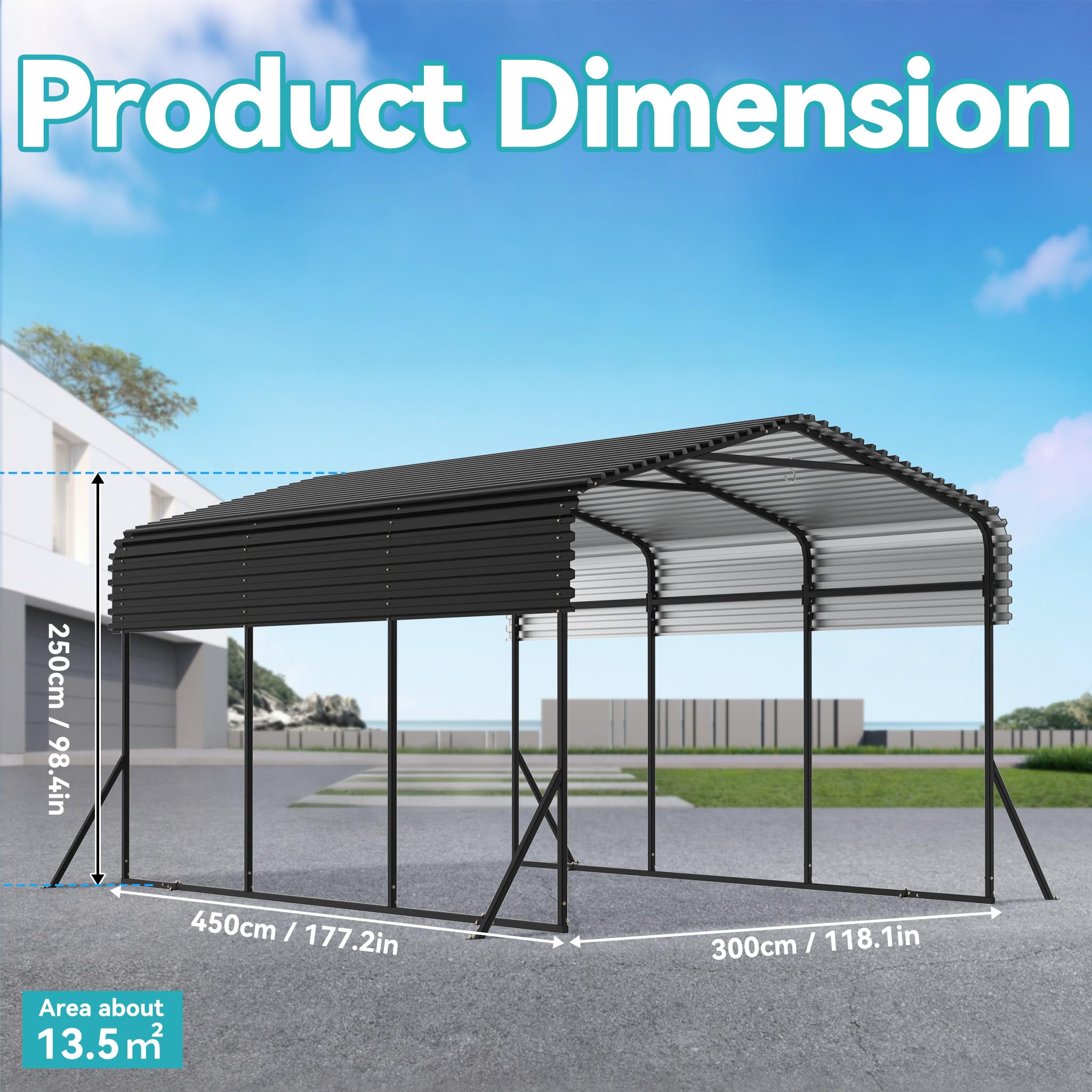 Carport 450×300×250 cm (10x15 FT), Robuste Zeltgarage Winterfest UV-beständig, Metall Auto-Unterstand Außengarage für PKW Boote Außenlagerung Schwarz