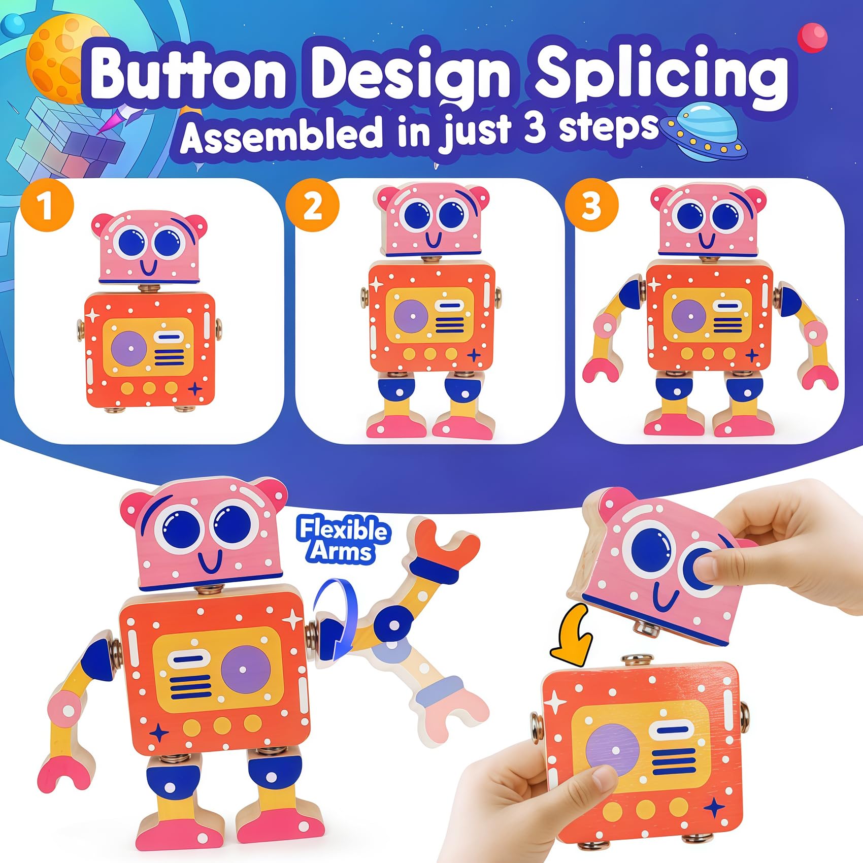 Juguetes robot para niños de 3 a 5 años, juguete de aprendizaje de madera Montessori con características desmontables robots, juego educativo STEM juegos de motricidad fina para niños y niñas 3