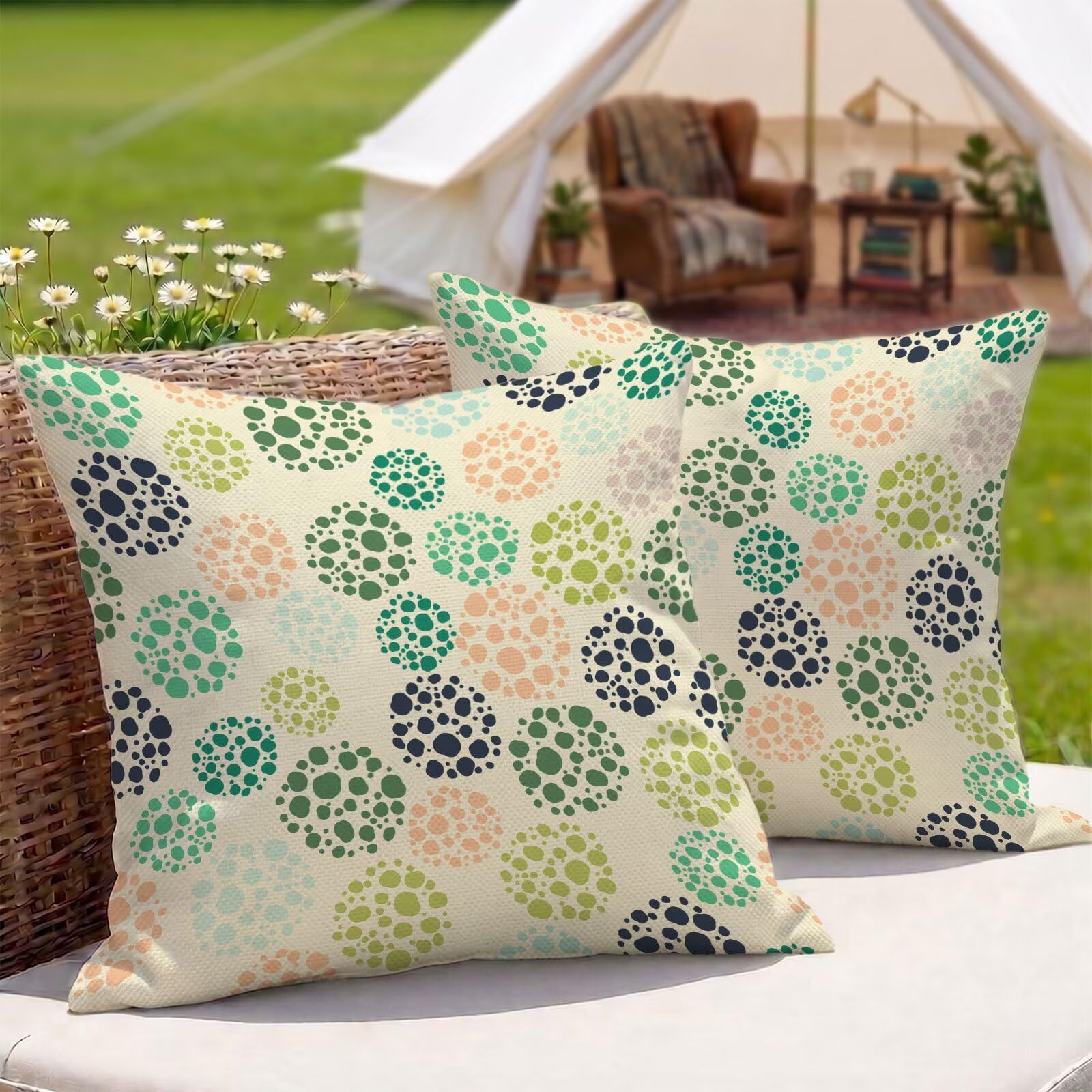 Housses Coussin Extérieur Imperméables 50x50 cm - Lot de 2 Taies d'oreiller Déperlantes pour Jardin, Terrasse et Balcon - Décoration Élégante pour Salon de Jardin et Canapé - Beige & Vert 3Z-291