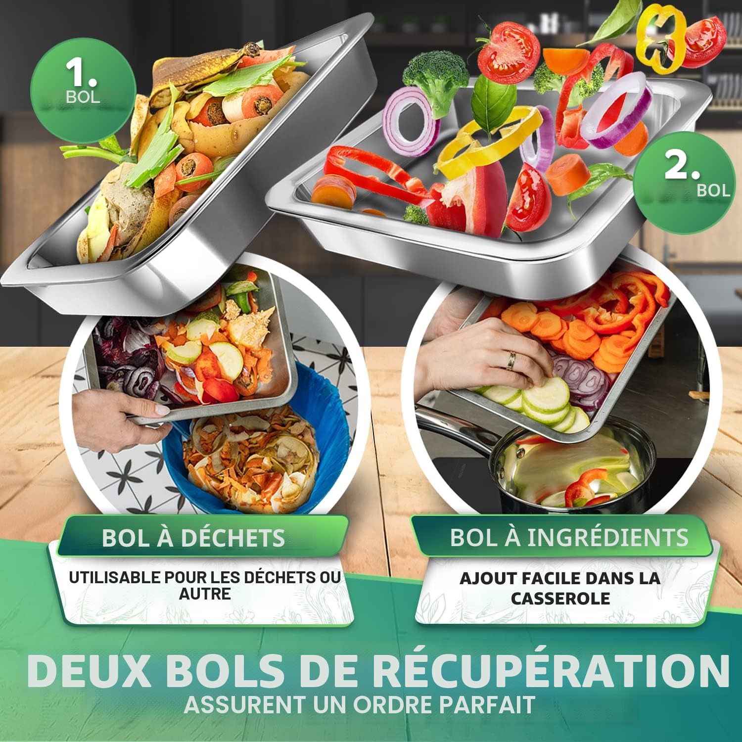 Loco Bird Planche a Decouper avec Bac Recuperateur – XXL Bambou 43x30cm 2 Bacs Inox – Grande Planche à Découper Bois – Rainures Jus – Pieds Antidérapants