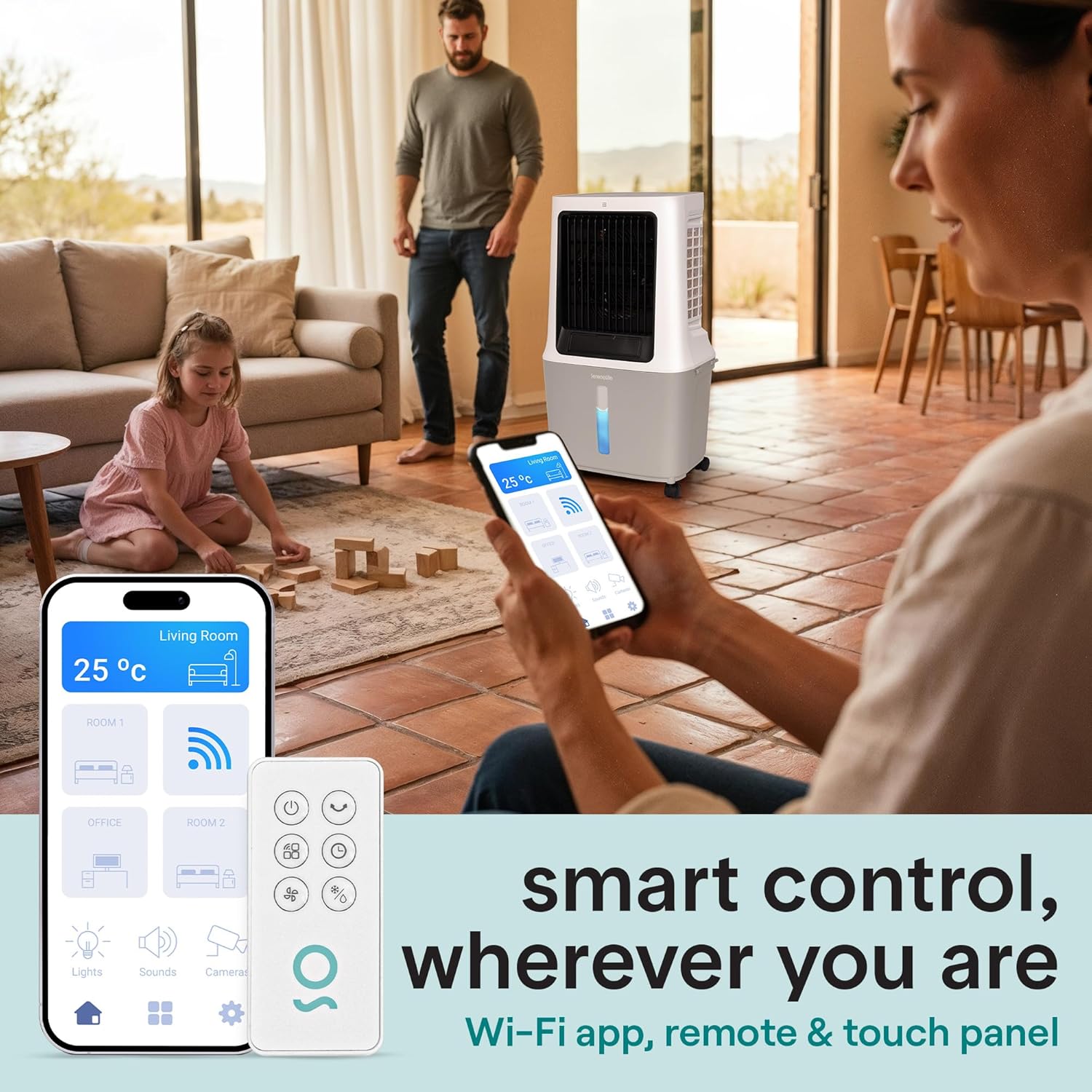 A person controlling the SereneLife evaporative air cooler using a smartphone app and a remote control, with the unit operating in a living room setting.