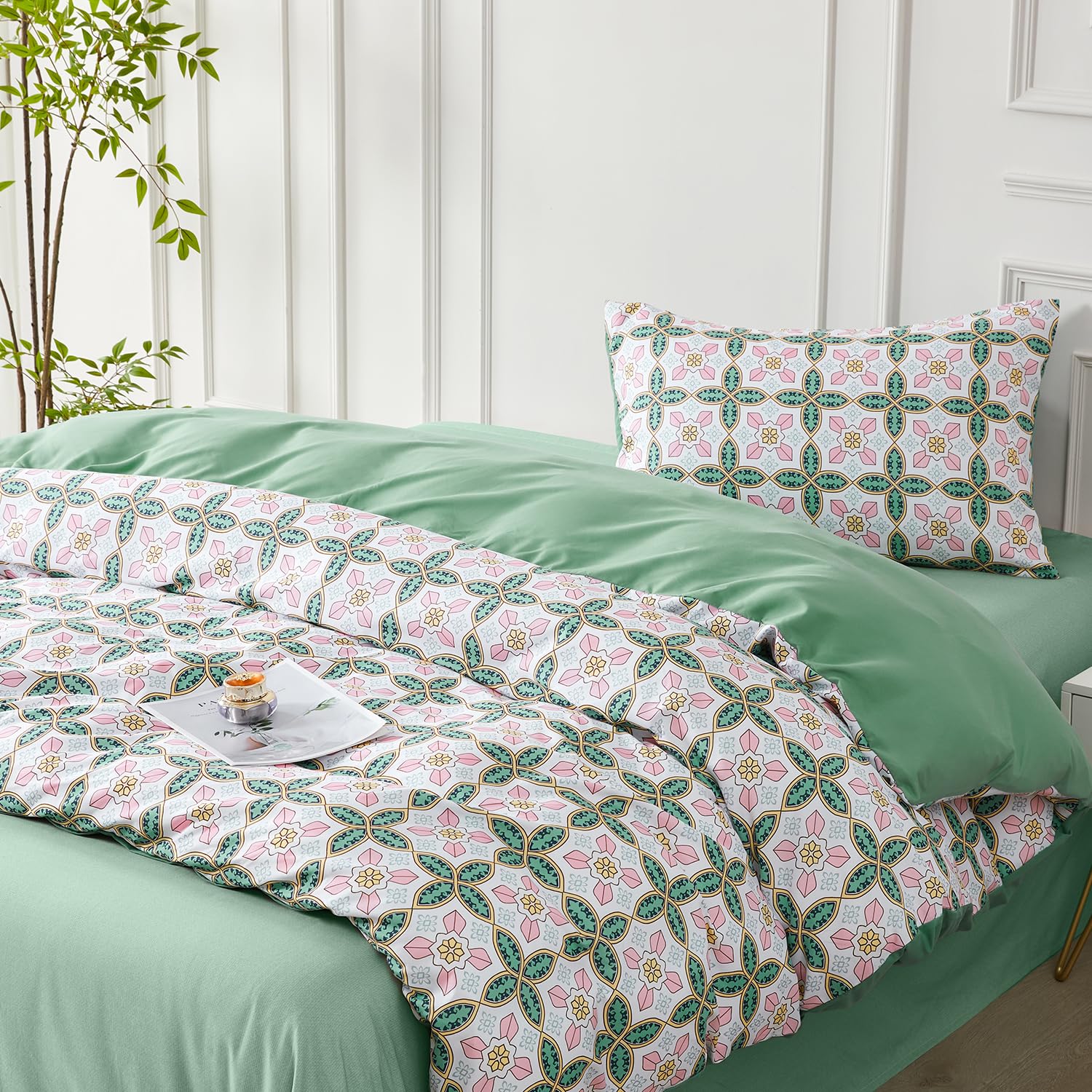 SAPHREAS Twin Boho Duvet Cover Single Size 2 pcs, Green Paisley Bedding Set including 8 Corner Ties - Image 2