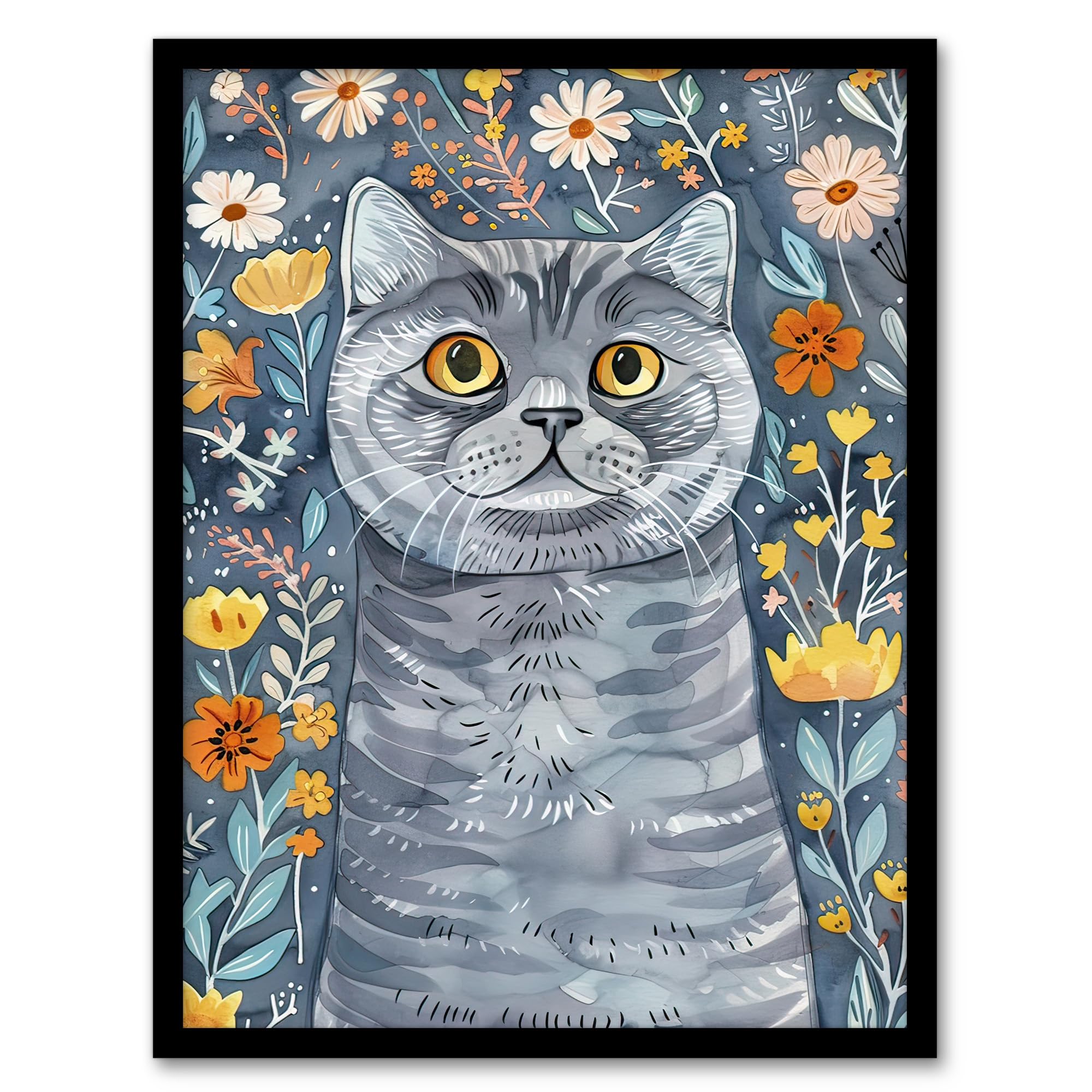 Artery8 Cute Blue British Shorthair Cat Lover Floral Pet Living Room Artwork Framed Wall Art Print A4