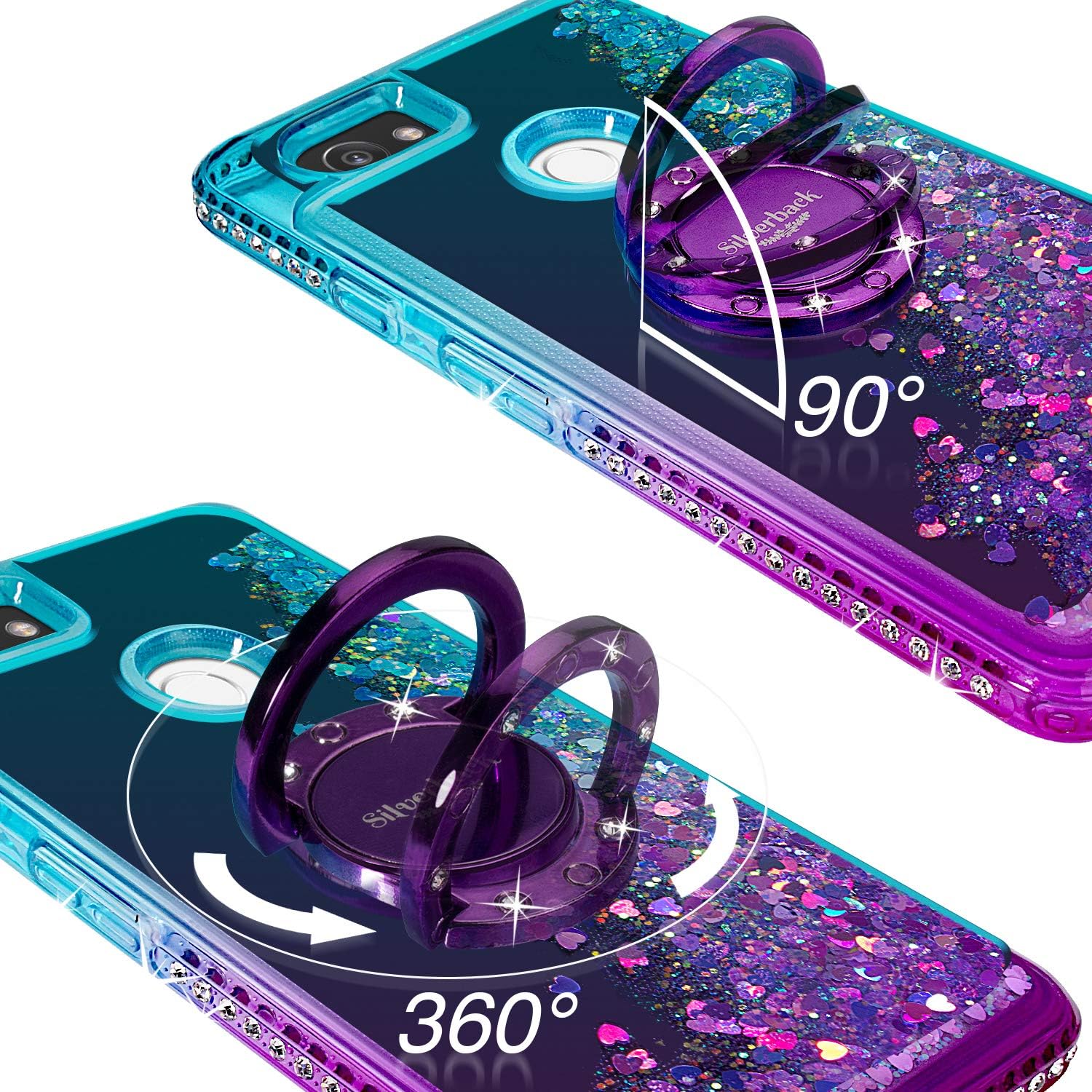 Silverback Google Pixel 2 XL Case, Moving Liquid Holographic Sparkle Glitter Case with Kickstand, Bling Diamond Bumper W/Ring Slim Google Pixel 2 XL Case for Girls Women-Purple