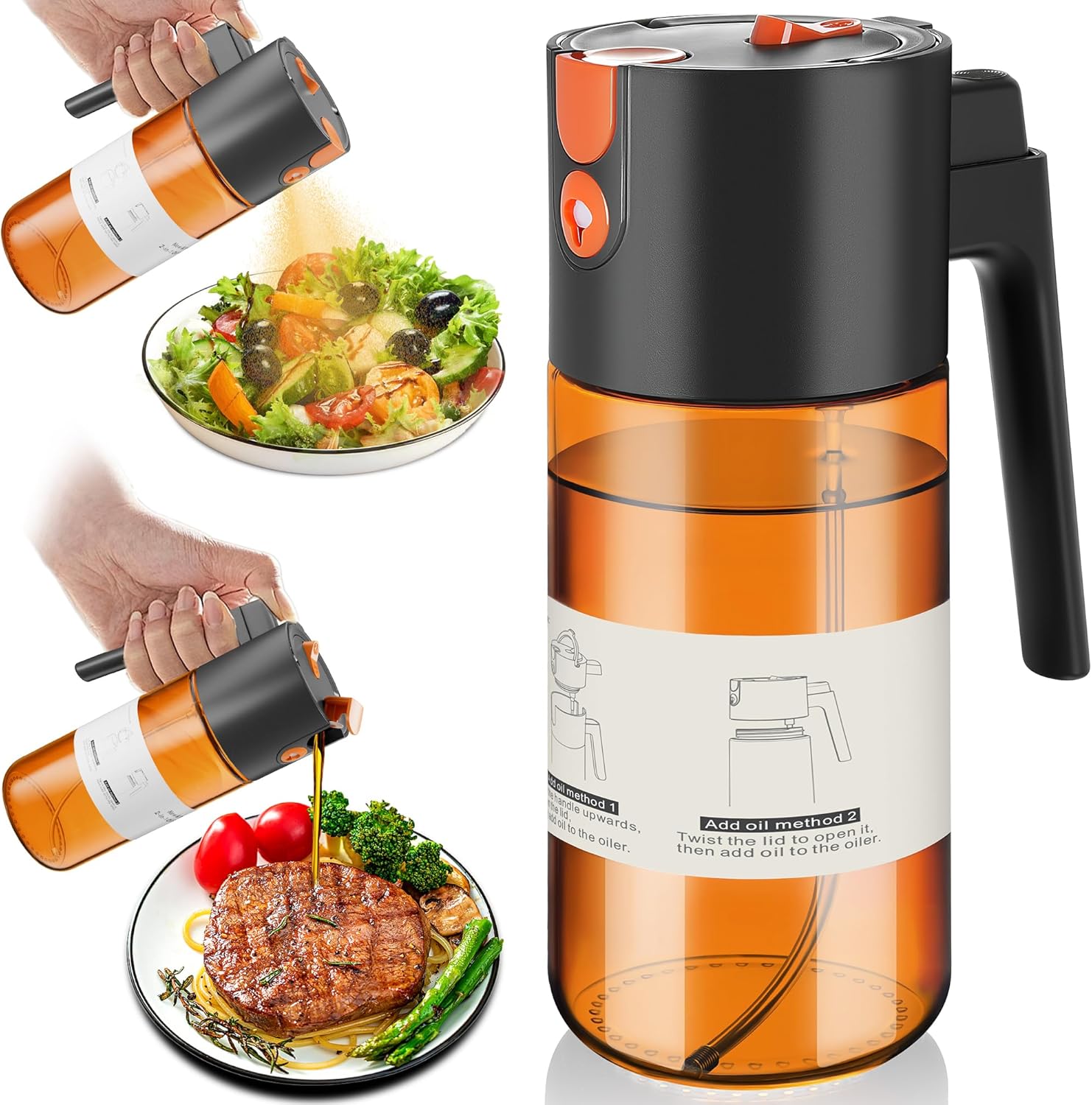 Upgrade 2 in 1 Oil Sprayer for Cooking, 17oz Light-Blocking Glass Olive Oil Dispenser Bottle for Kitchen,Food-Grade Oil Mister with 8 Stickers for Salad, Frying(Brown Bottle-Black Gap)