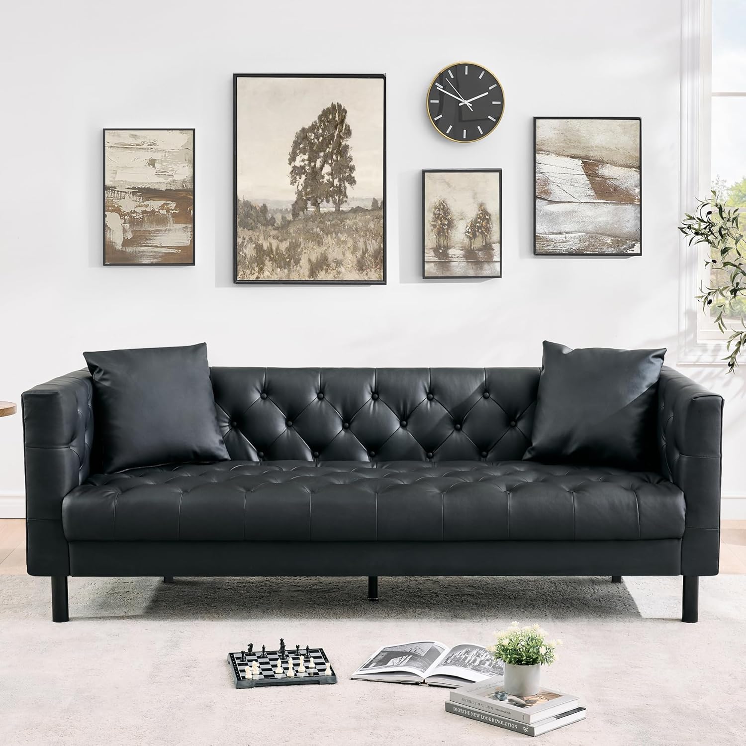 GarveeLife 81" Leather Sofa for Living Room, Chesterfield Sofa with Deep Seats and 2 Pillows, Mid-Century Modern 3 Seater Couch with Button Tufted, Leather Couch for Apartment, Office, Black - Thumbnail 2