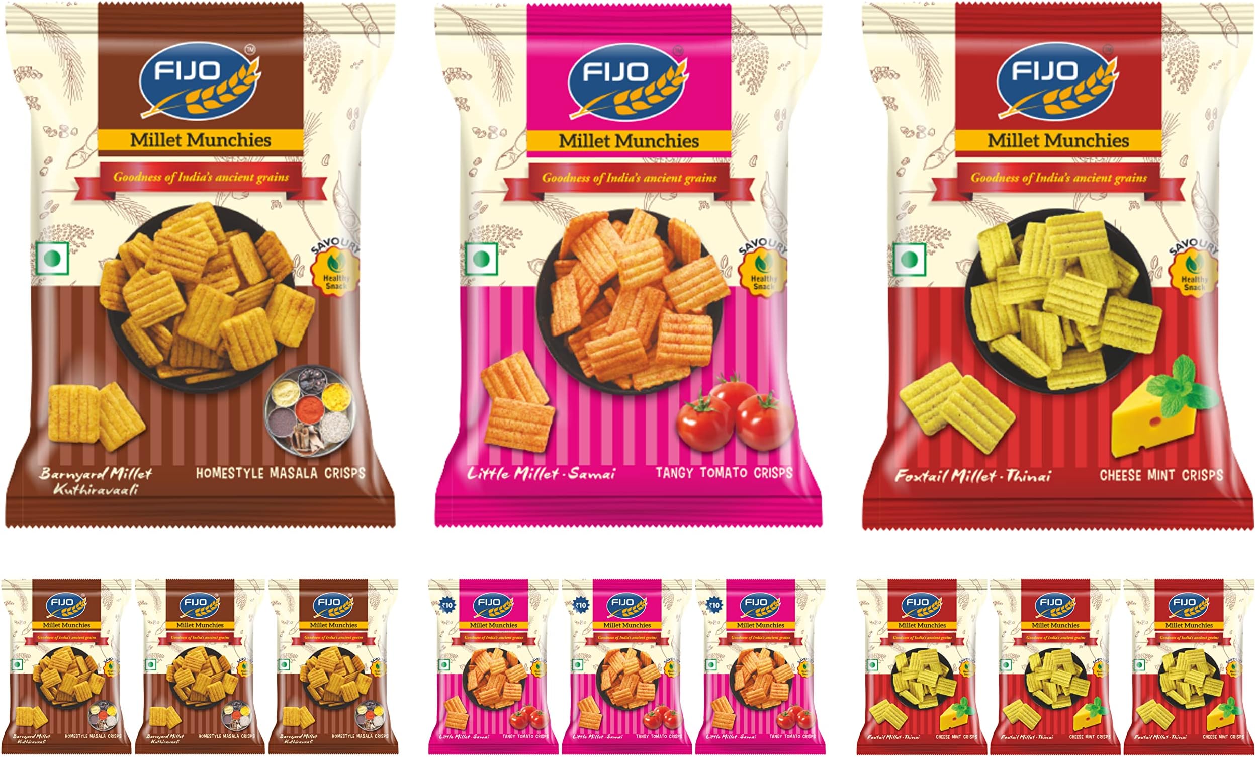 Fijo Millet Munchies - Homestyle Masala, Cheese Mint & Tangy Tomato Crisps Combo for Kids and Family - 3 Flavours - Healthy Snacks for School Tiffin and Travel Friendly