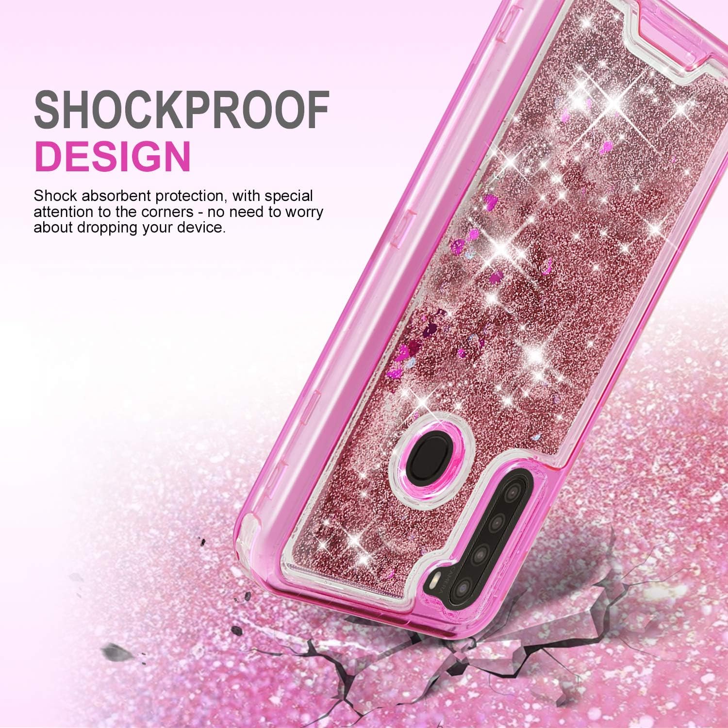 TJS Compatible with Samsung Galaxy A21 Case, Transparent Liquid Glitter Snap On Hybrid Moving Quicksand Bumper Phone Case Drop Protector Back Cover (Pink)