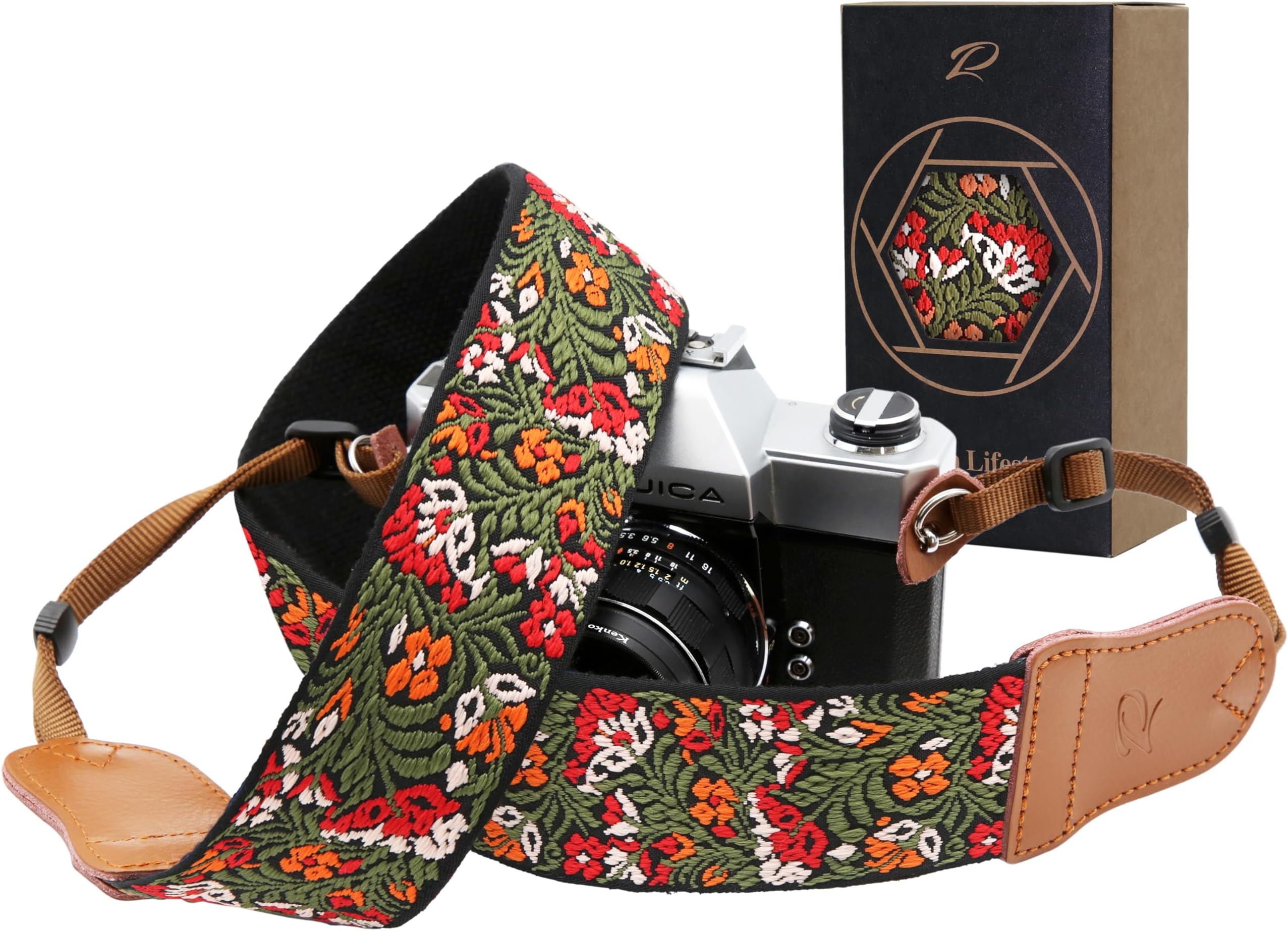 Padwa Lifestyle Green Flower Camera Strap for All DSLR Cameras,Double Layer Cowhide Ends,2" Wide Pure Cotton Embroidered Woven Camera Straps,Adjustable Neck & Shoulder Strap,Gift for Photographers