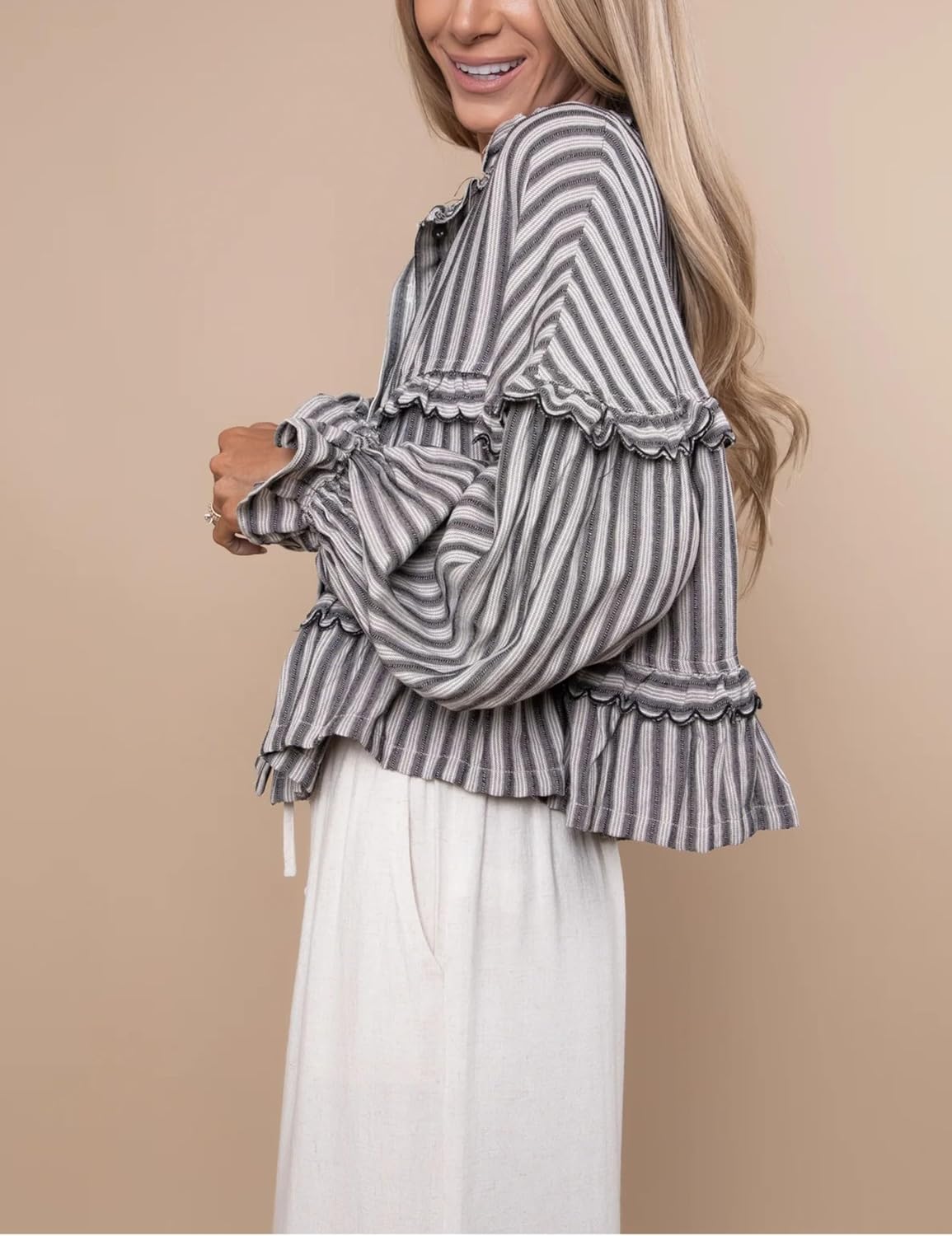 Tanming Womens Striped Button Down Shirts Ruffled Long Sleeve Stand Collar Shirt Dressy Casual Blouse Tops - Image 3