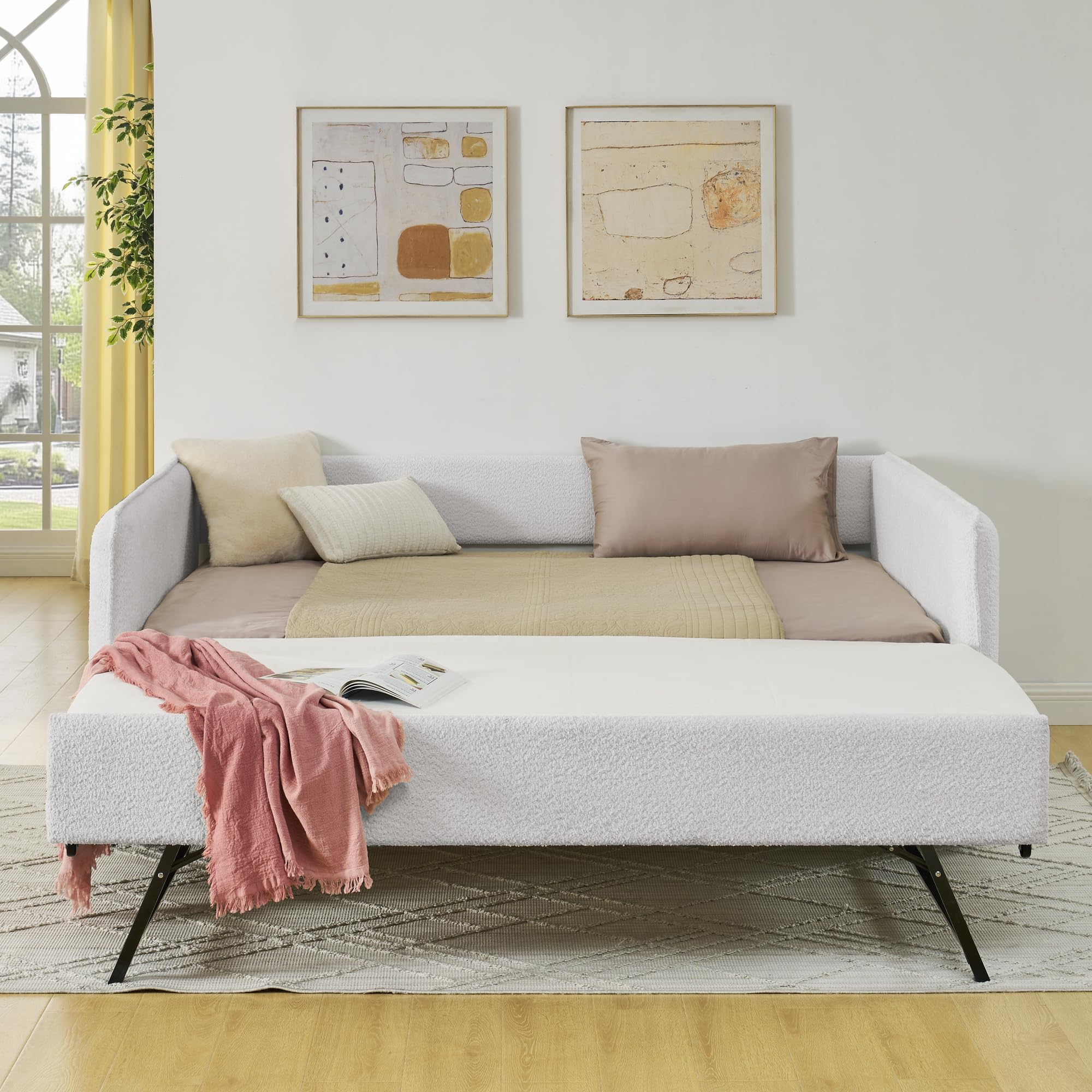 KEIKI Full Size Upholstery Tufted Daybed with Erectable Trundle, Full to King Design Modern Extendable Boucle Sofa Bed, Easy Assembly, No Box Spring