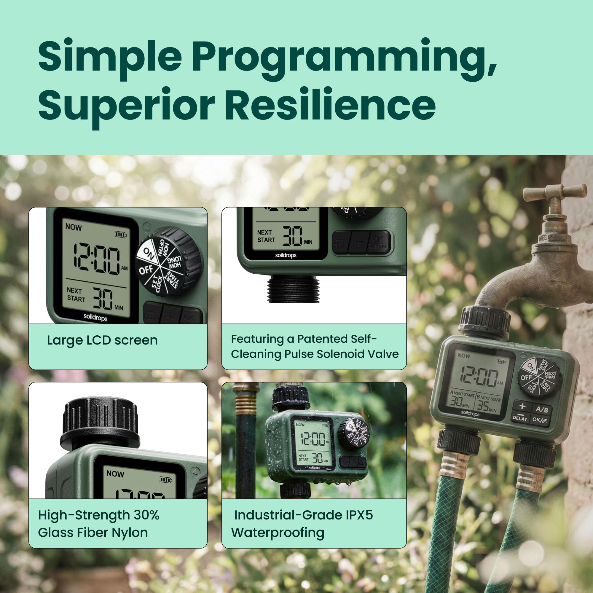 Sprinkler-Timer für Gartenschlauch, programmierbarer 1 oder 2 Auslassregler mit selbstreinigendem Ventil, 15-Tage-Frequenz, großes Zifferblatt, Regenverzögerung & Auto-Off, IPX5