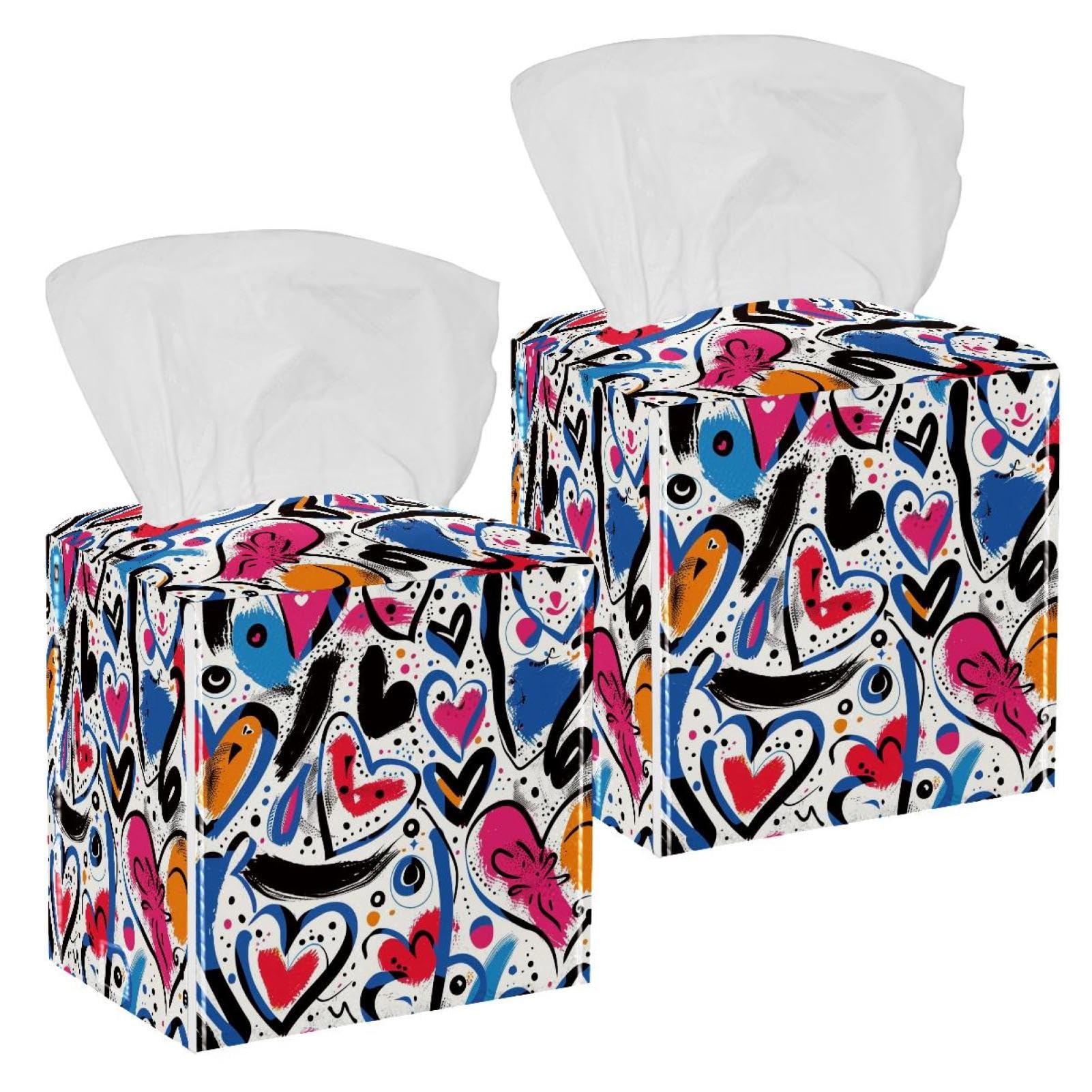 Colorful Heart Doodle Tissue Box Cover, 2 Pack PU Leather Square Facial Tissue Dispenser Box holder for Home Office Car