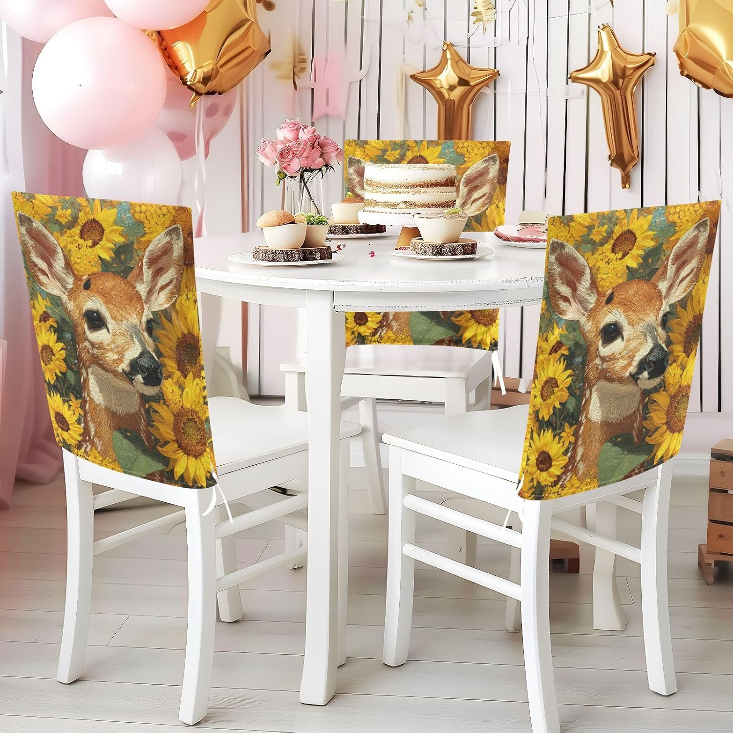 ALAZA Deer Sunflowers Chair Back Cover Set of 6, Washable Reusable Removable Chair Slipcovers Decorative Chair Cover for Home Kitchen Wedding Party