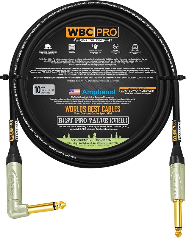 10 Foot - WBC-PRO-Guitar – 20 AWG - Low-Cap (18pF/ft) – Pro-Grade – Graphite-Based - Dual-Shielded Guitar, Bass, Instrument Cable with Amphenol QM2R-AU & QM2P-AU ¼ Inch (6.35mm) Gold TS Connectors