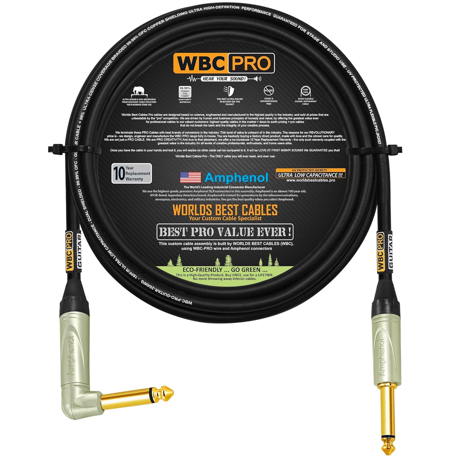 12 Foot - WBC-PRO-Guitar – 20 AWG - Low-Cap (18pF/ft) – Pro-Grade – Graphite-Based - Dual-Shielded Guitar, Bass, Instrument Cable with Amphenol QM2R-AU & QM2P-AU ¼ Inch (6.35mm) Gold TS Connectors