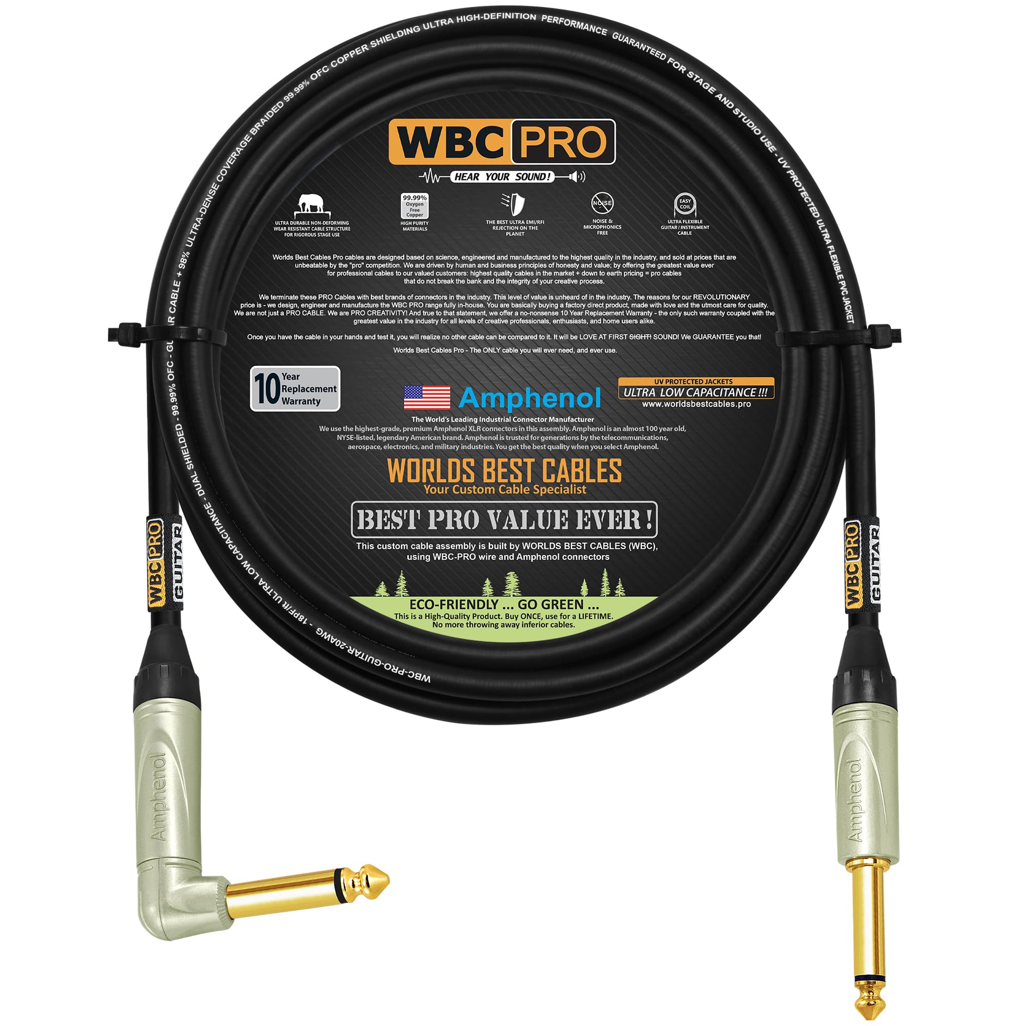 WBC-PRO-Guitarra de 12 pies, 20 AWG, tapa baja (18 pF/pie), grado profesional, a base de grafito, cable de guitarra de doble blindaje, bajo, instrumento con conectores TS dorados Amphenol QM2R-AU y