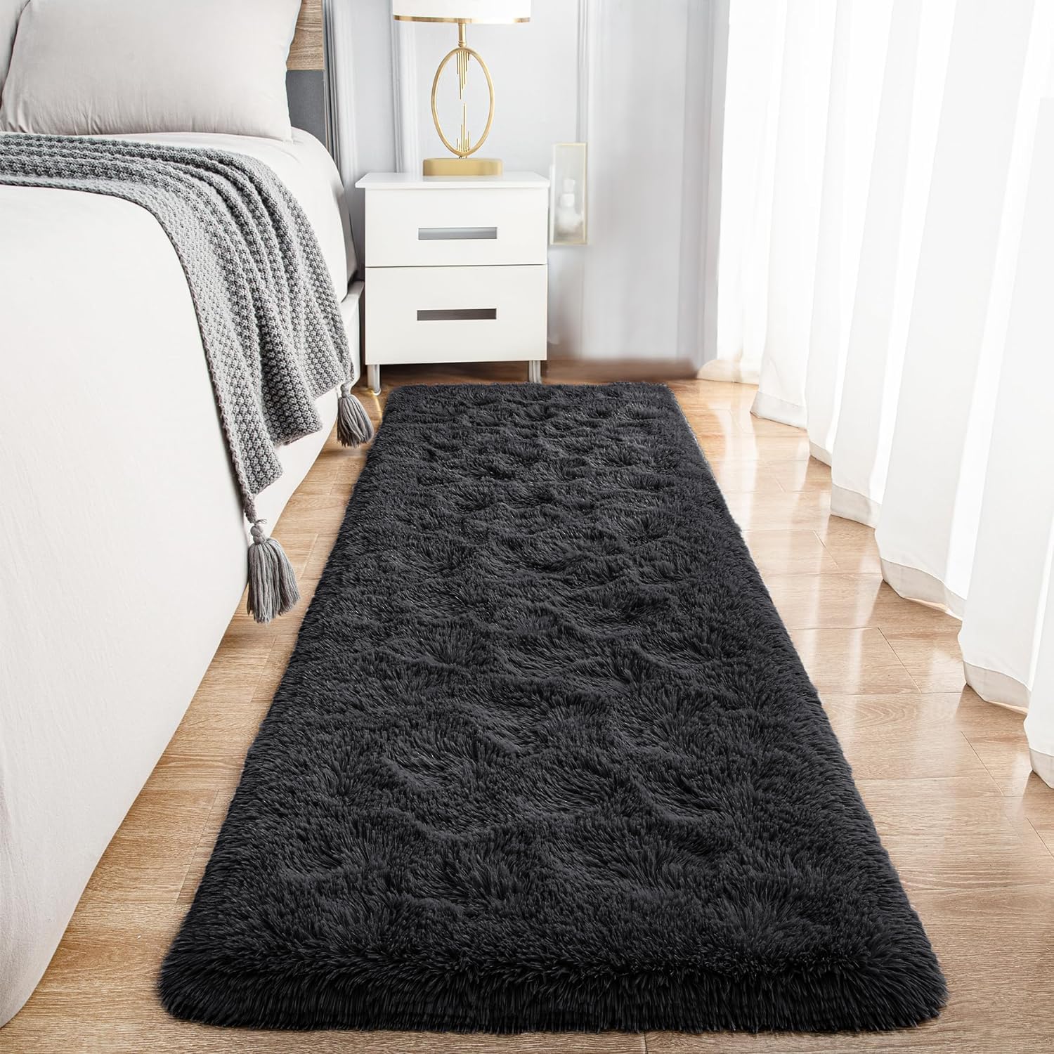 Hafaa Fluffy Shaggy Rugs Living Room Black 60x220 cm, Long Non-Slip Carpet Runner Rugs for Hallway, Soft Thick Pile Bedside Rug for Kids Bedroom, Nursery Room Non-Shedding