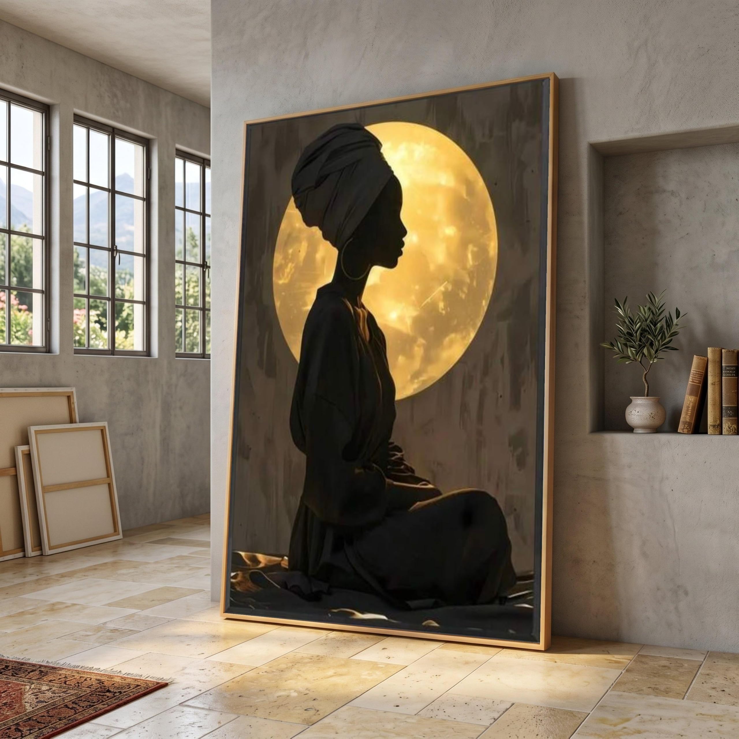TONGYINLI African Woman Silhouette Canvas Painting, Full Moon Glow Wall Art, Ethnic Portrait Print for Living Room Home Decor(60x80cm/Frameless)