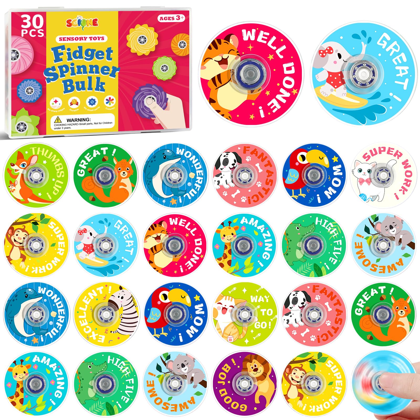 SCIONE 30 Pack Mini Fidget Spinners Party Bag Fillers for Kids, 15 Cute Animal Reward Spinners with Encouraging Words, Bulk Classroom Prizes, Sensory Toys for Goodie Bags, 1.5"