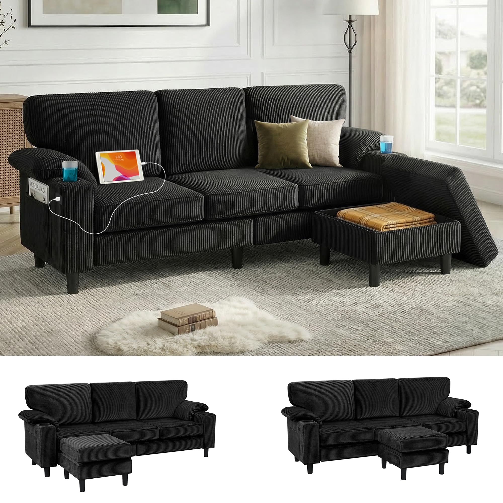 80 Modular Sectional Sofa 3-Seater L-Shaped Couch with Storage Design Corduroy Fabric and Movable Ottoman for Living Room