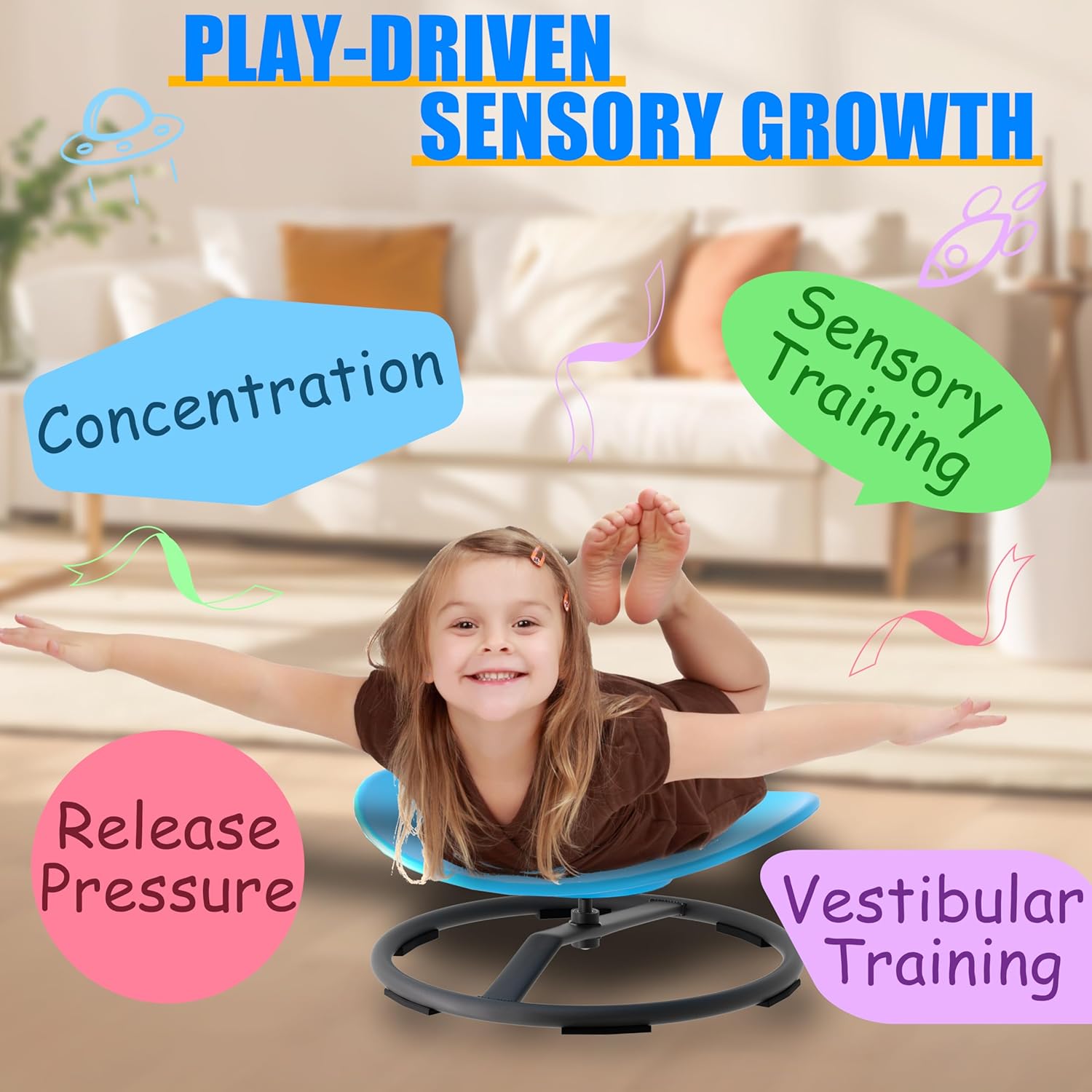 Spinning Chair for Autistic Kids, Sensory Swivel Spin Chair for Children with Autism, ADHD Sensory Sit and Spin Toys for Toddlers with Safe Spinny Motion (Blue)