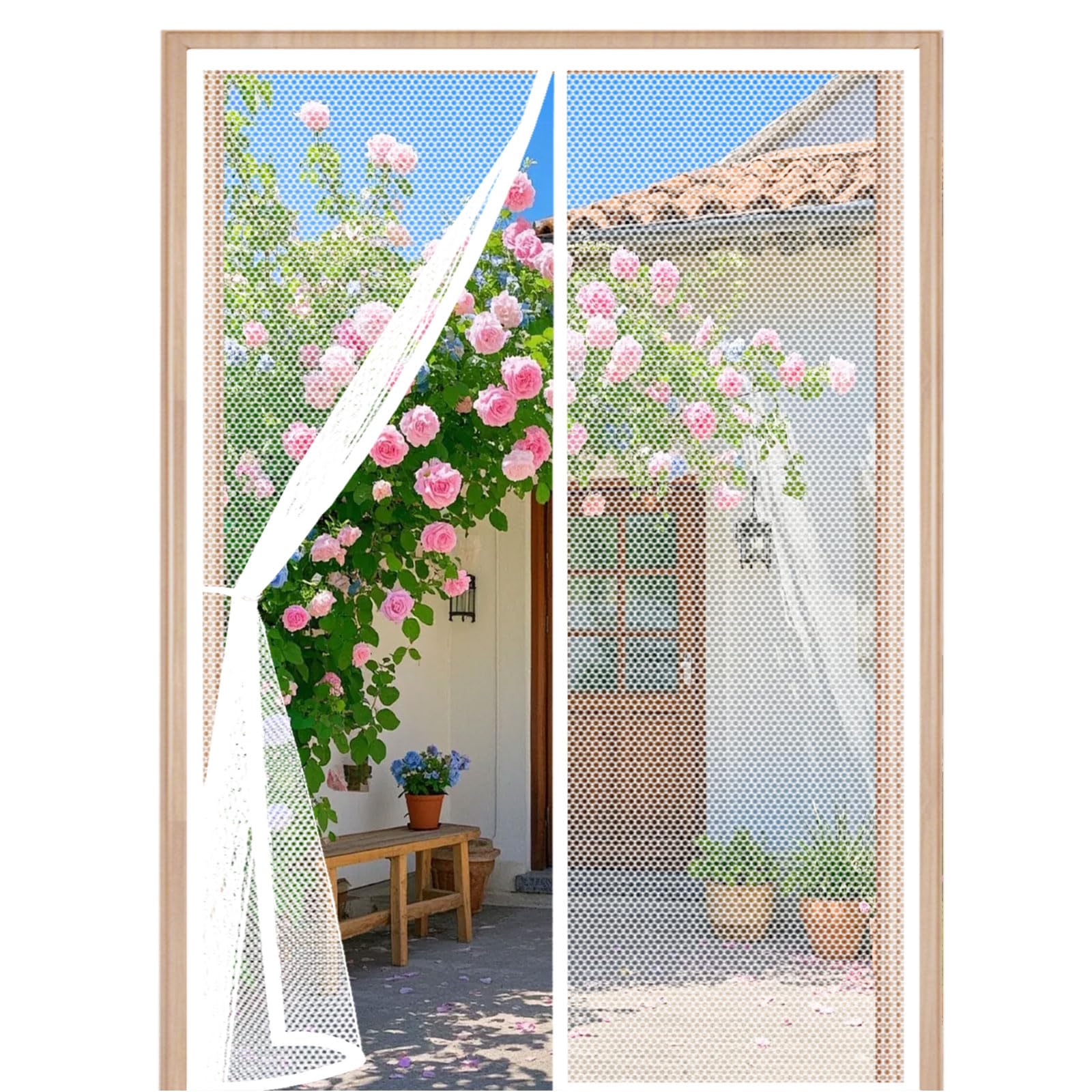 Liunadm White Fly Screens For Doors 135 X 195 Cm With Powerful Magnets And Full Frame Magic Tape Flyscreen French Doors Easy To Install Without Drilling For Balcony Patio Bedroom,