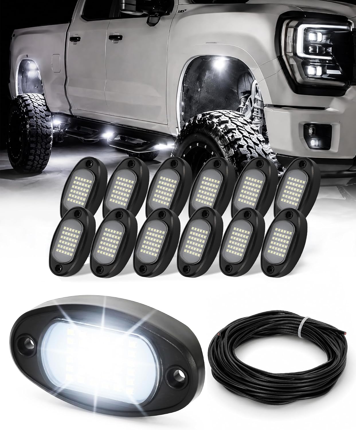 20 Pods White Rock Lights 6000K 36 LEDs per Pod with Extension Wires, Pure Rock Lights Truck Super Bright White Neon Underglow Kit for Trucks SUV RV SUV UTV ATV RZR Boats