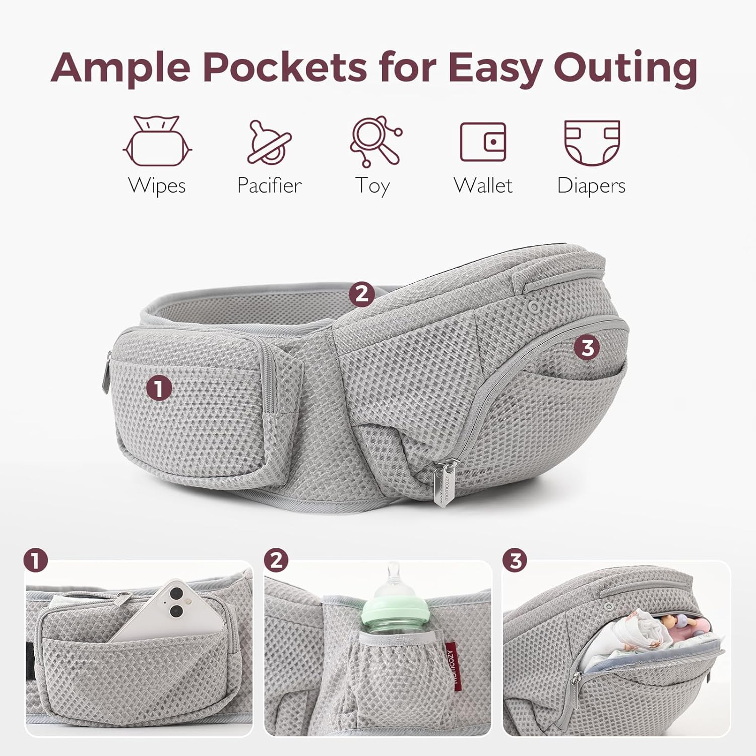 Close-up of the hip seat showing ample pockets for storage