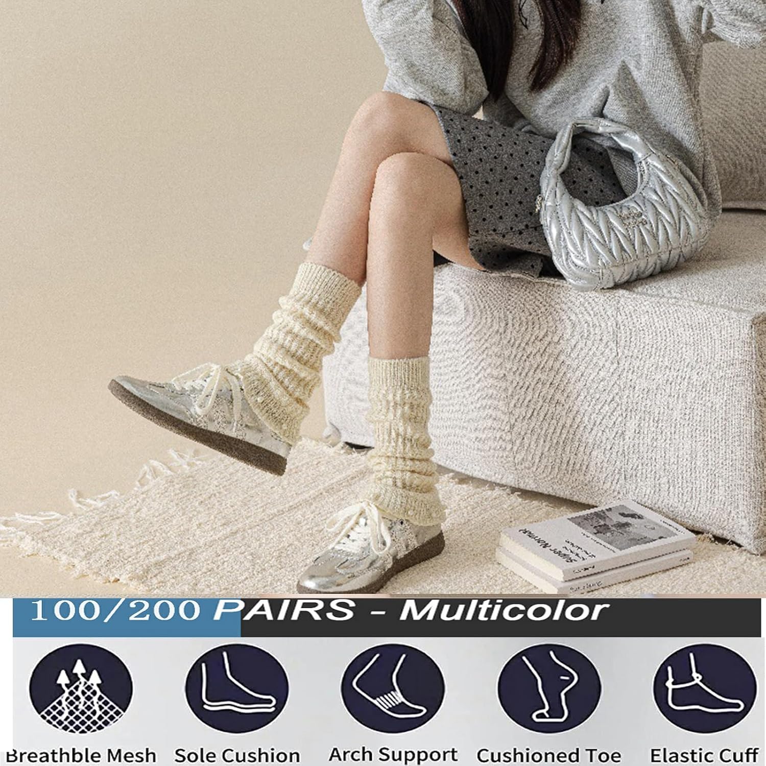 REPALY Womens Warm Knit Leg Warmers, Cute Casual Athletic Socks, Soft Preppy Boot Socks(Black,100 Pairs)