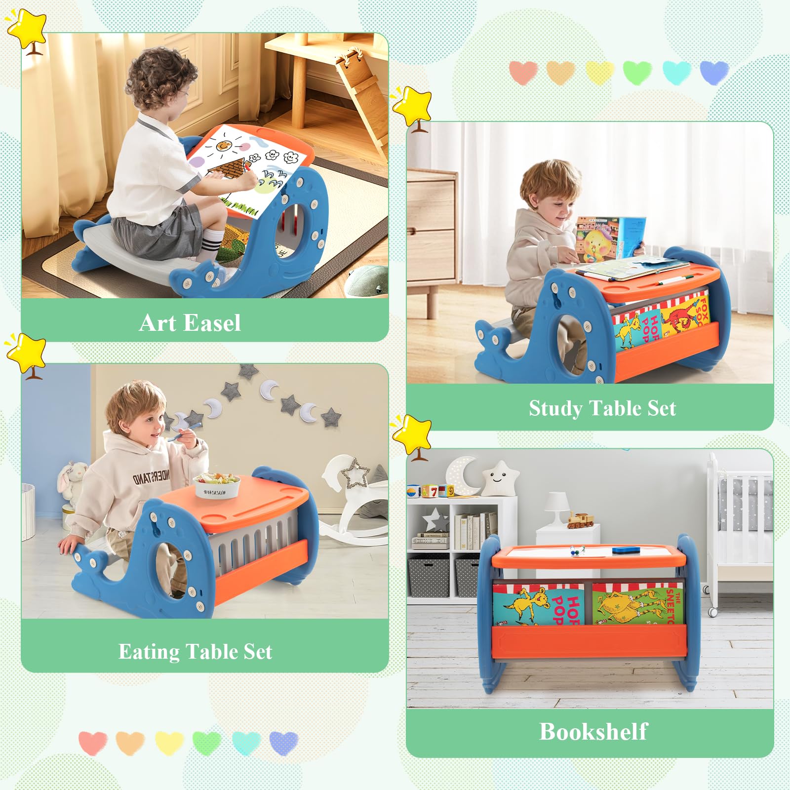 HOMASIS Table d'activités convertible 4 en 1 avec banc, table à dessin en forme de baleine, pour enfants de plus de 1 an, 67 x 54 x 39 cm, bleu
