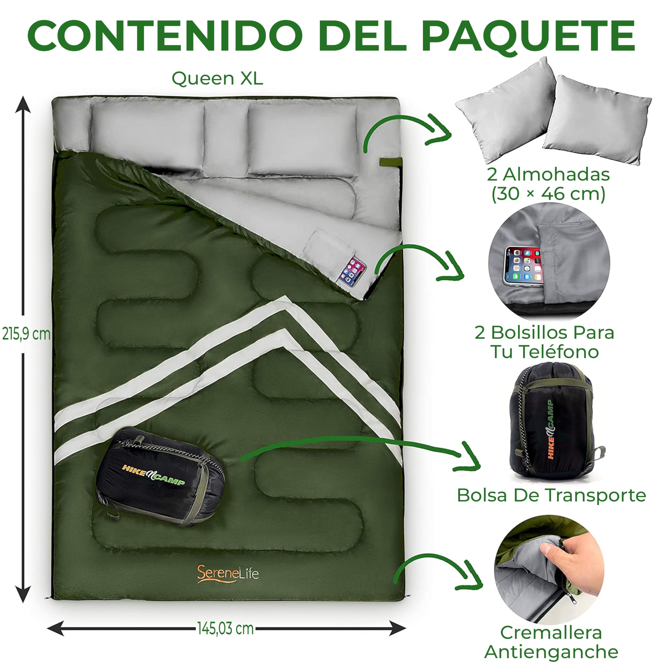 SereneLife Saco de Dormir Invierno, Doble, con Almohadas, Desmontable en 2 Sacos Individuales, Calido, Impermeable, Ligero, para acampadas y Senderismo en temperaturas de –12 a -15°C