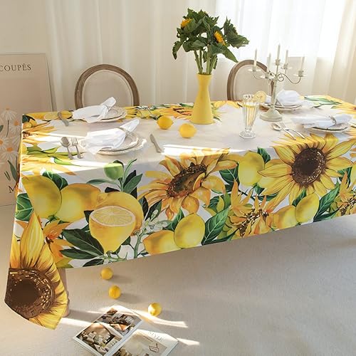 Miniatura 8 de Manteles estilo acuarela de girasol y limonada de 60 x 120 pulgadas, mantel floral de girasoles, resistente al agua, mantel oblongo, diseño de