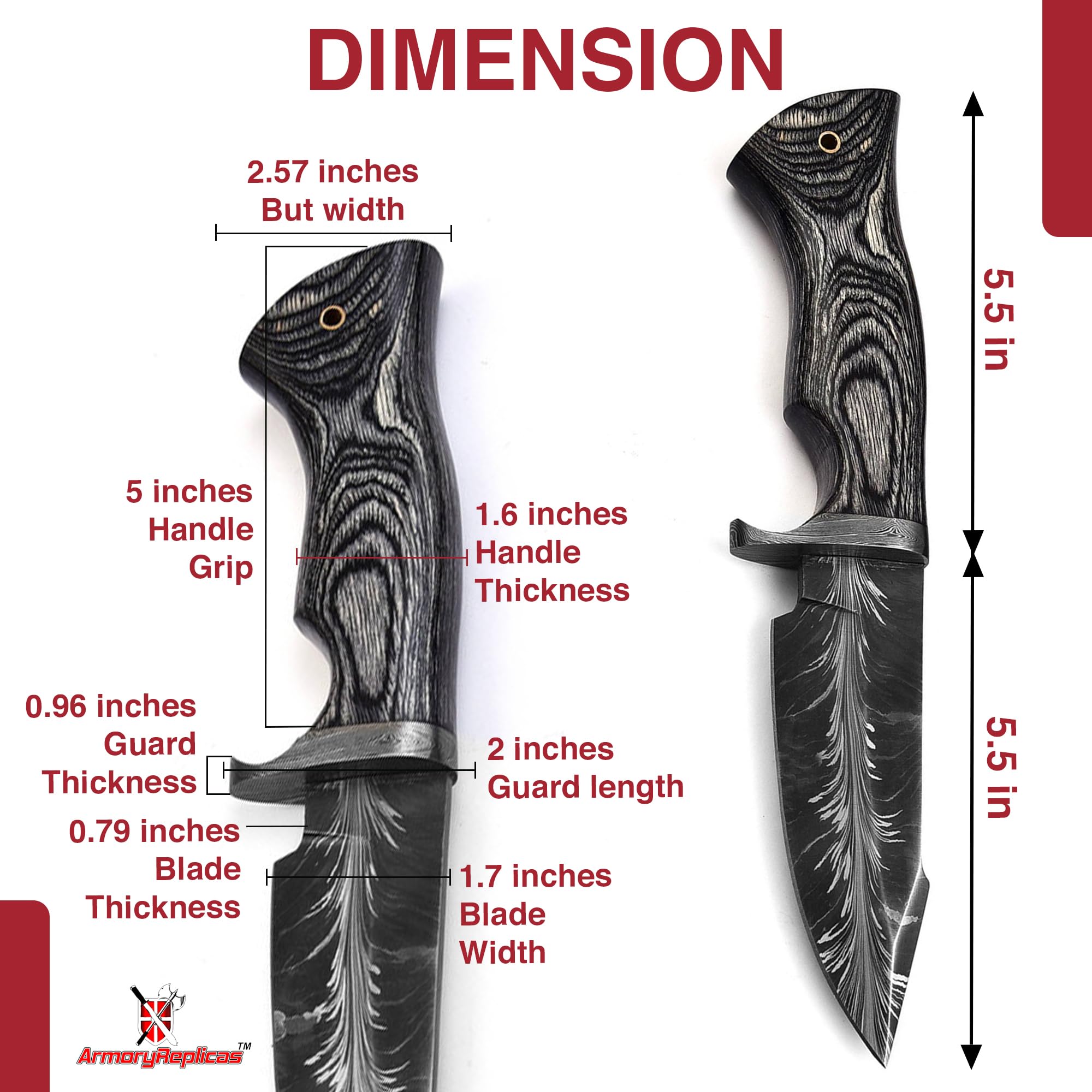 Armory Replicas™ - Damascus Steel Cindered Crown Feather Black Pakkawood Hunting Knife with Hand-Tooled Leather Sheath Outdoor, Survival, and Camping Gear