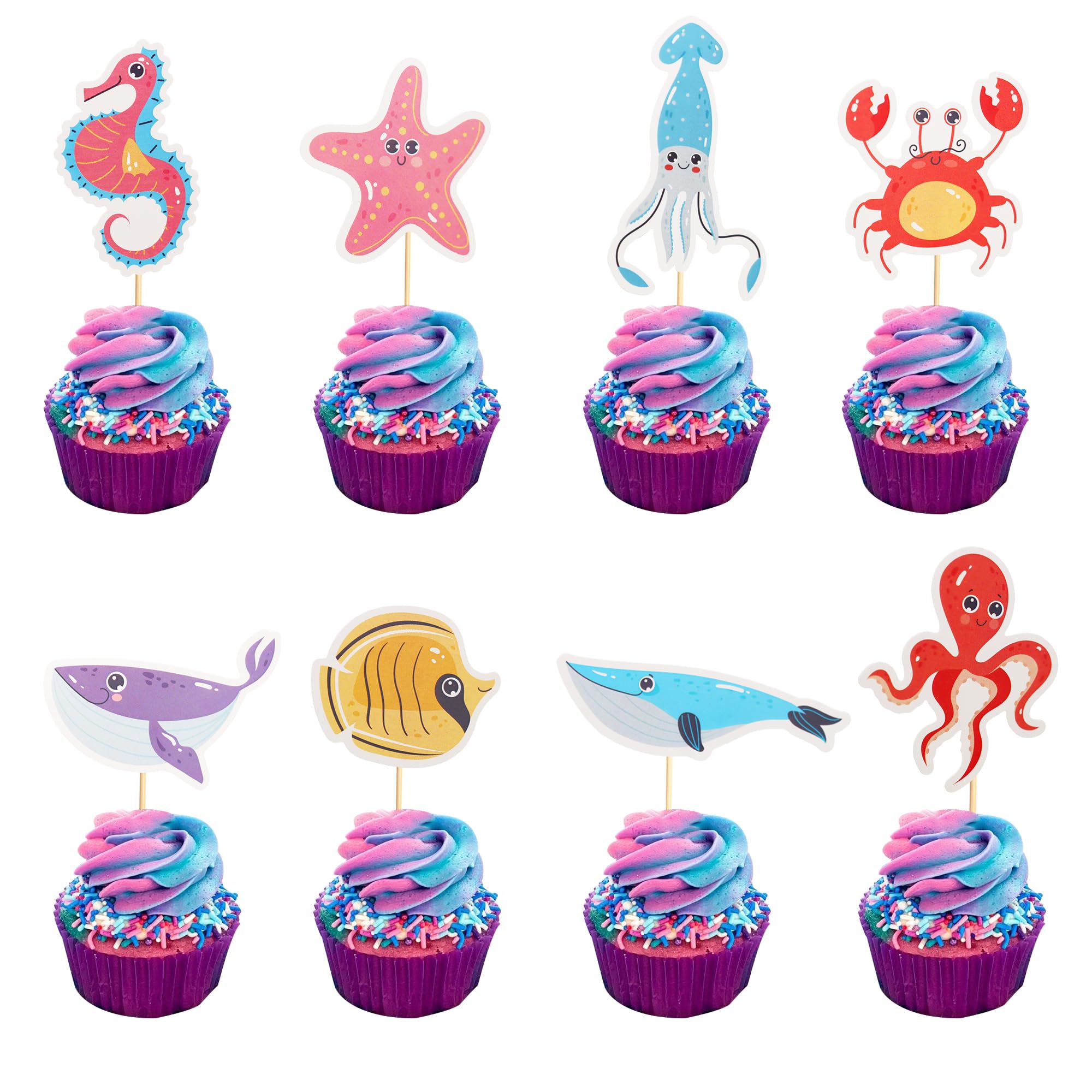 Arthsdite 24Pcs Ocean Animal Cupcake Toppers Under the Sea Octopus Dolphin Starfish Cupcake Picks Seahorse Crab Cake Decorations for Under the Sea Theme Baby Shower Birthday Party Supplies