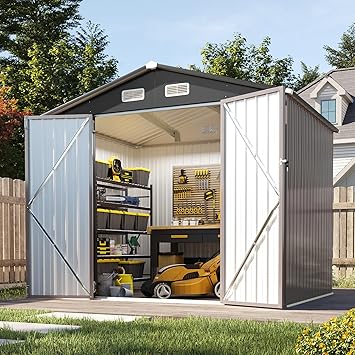 Aoxun 8x6 FT Outdoor Storage Shed Garden Metal Shed with Lockable Door Outdoor Large Shed for Tool, Garbage Can, Bike, Mower, Brown