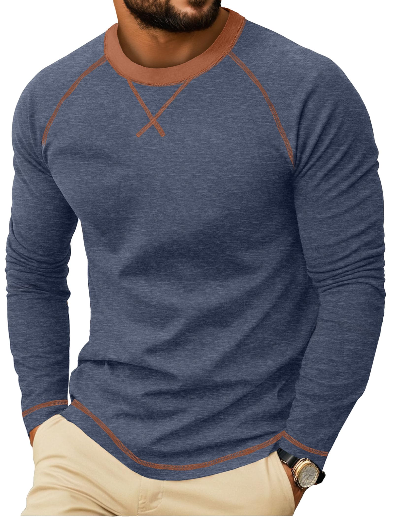 QIXING Herren Langarmshirt aus Baumwolle Rundhalsausschnitt | Weiches Crew Neck Langarmshirts mit X-Stickdesign | Anti-Einlaufend Bequem Herren Oberteil für Freizeit (Marineblau, XXL)