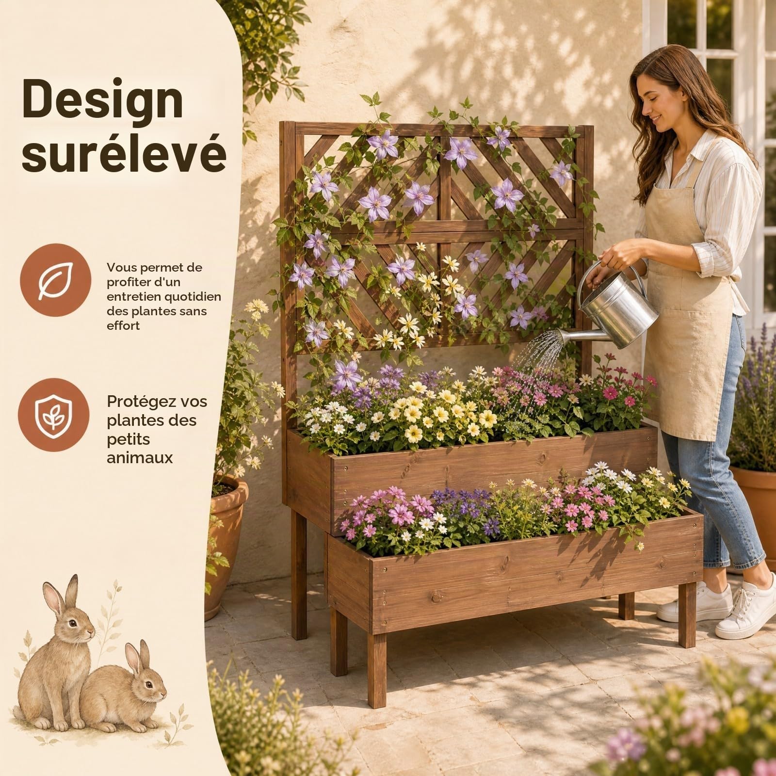 HOMASIS Jardinière avec grille en bois pour l'extérieur, treillis à 2 étagères, plantes grimpantes en sapin, drainage, 109 x 62 x 135