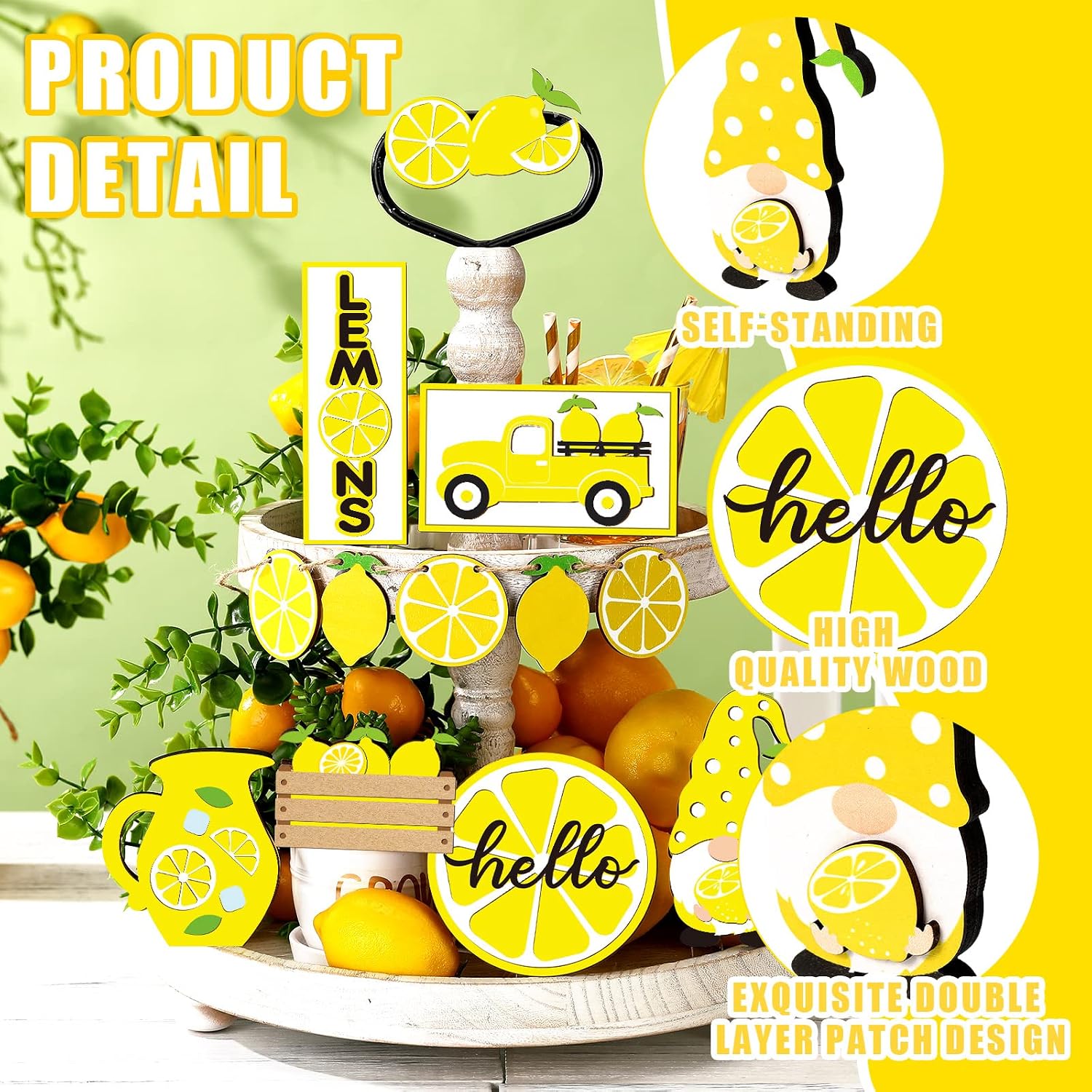 12 Pcs Lemon Tiered Tray Decor Set Gnome Fresh Lemonade Wooden Sign
