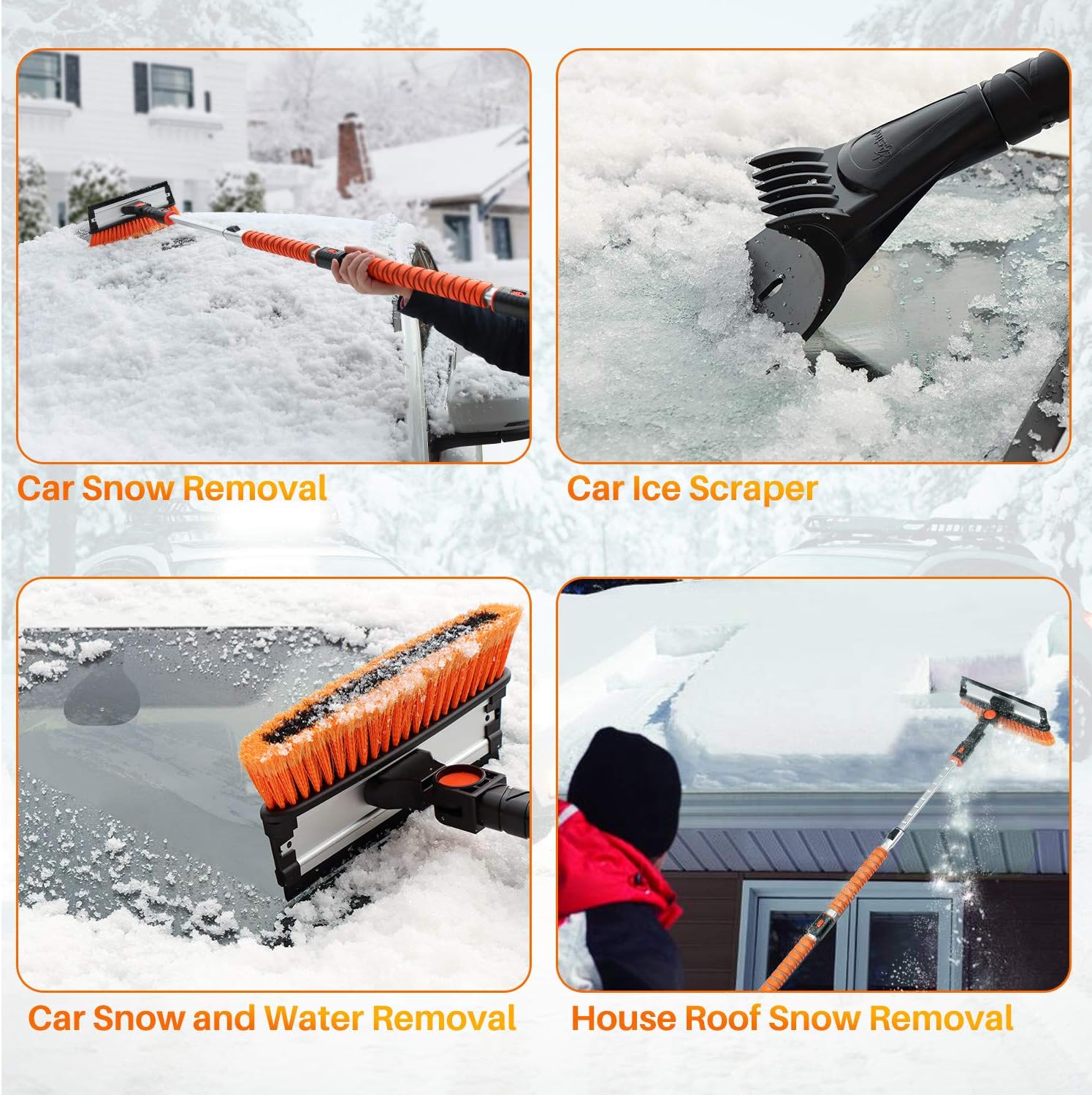 AstroAI 62.4" Ice Scrapers for Car Windshield, Sturdy Snow Brush with Squeegee, Exentable Aluminum Handle, 10 Adjustable Length Settings, 270° Pivoting Snow Scraper for Car, Truck, SUV (Orange