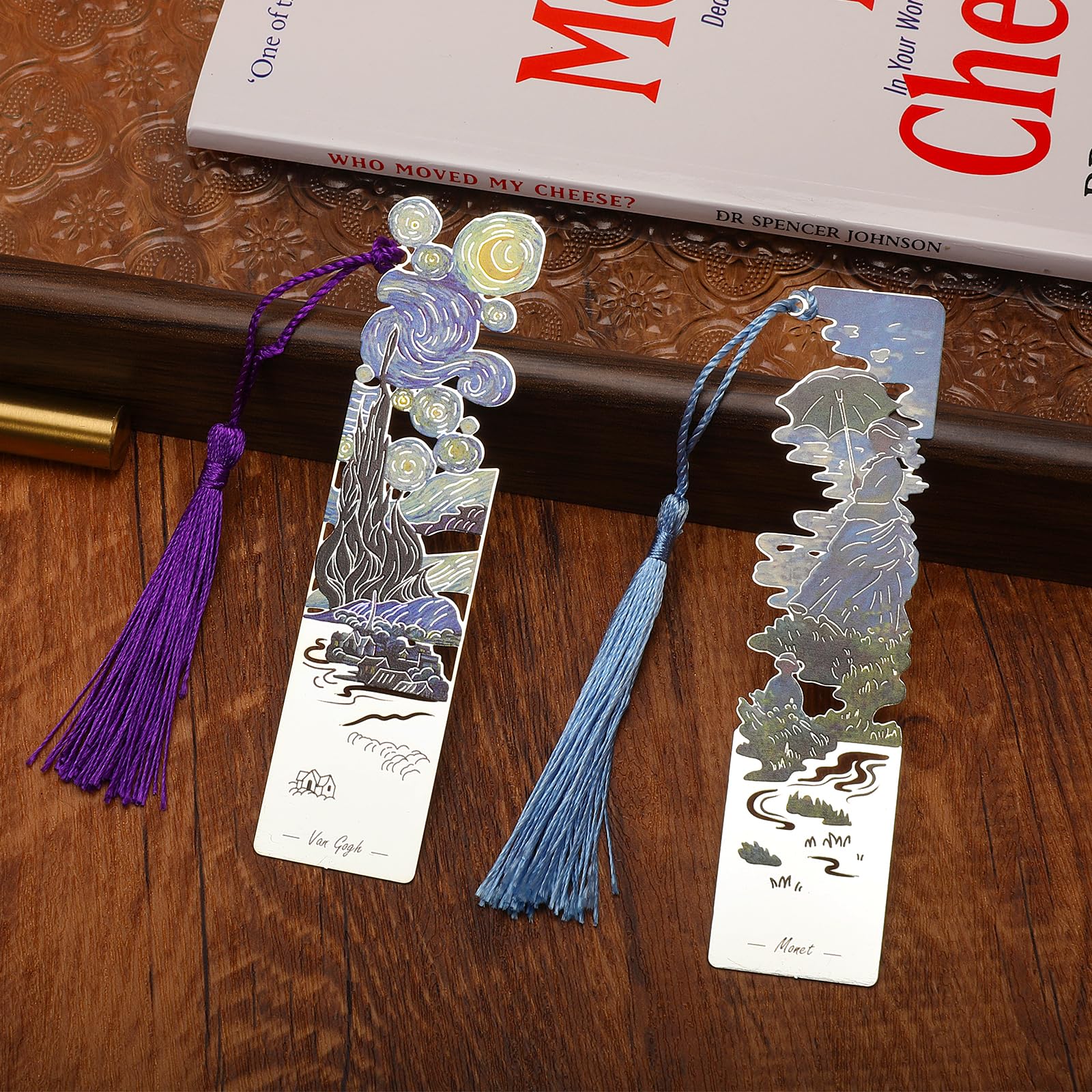 Sgbvzbd 2 PCS Metal Bookmarks with Tassel, Starry Night Over The Rhone and Woman with a Parasol, Silver - Image 4