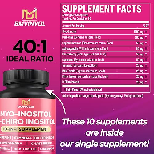 Miniatura 2 de BMVINVOL Suplemento de inositol - Myo-inositol y D-Chiro Inositol Ideal 401 Proporción - Más Berberina, Canela, Ashwagandha + 5 Más - Equilibrio