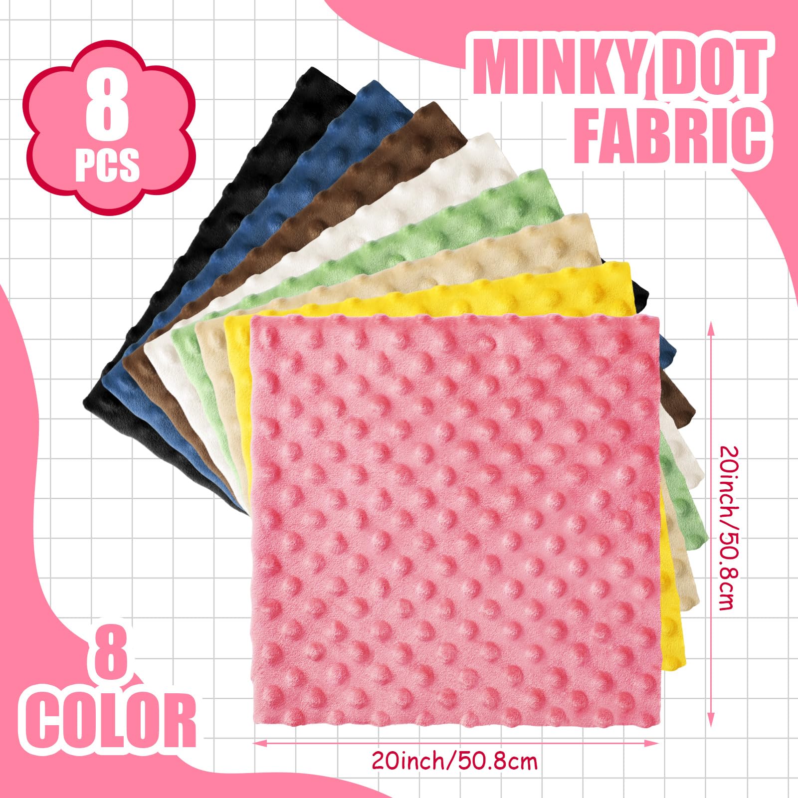 Dansydaisy 8 Pcs Minky Dot Quilting Fabric Squares 20 x 20 Inch Fuzzy Soft Fleece Fabric by The Yard Multicolor Patchwork Bundle for DIY Crafts Cloths Hndmade Sewing - Image 2