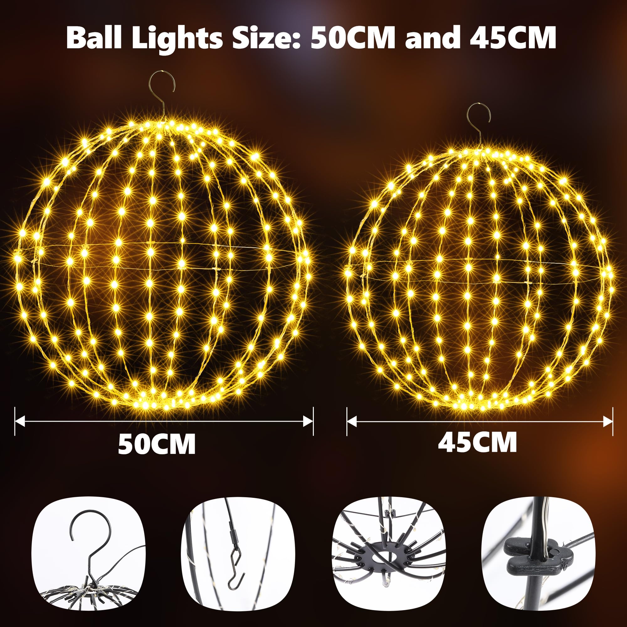 Joomer Weihnachtsbeleuchtung Außen Strombetrieben Groß 2 Stück Warmweiß | Hängende Kugel Lichter Timer 50cm 288 LED + 45cm 256 LED Weihnachtsdeko Innen 8 Modi Wasserdichte für Garten Party Wohnzimmer