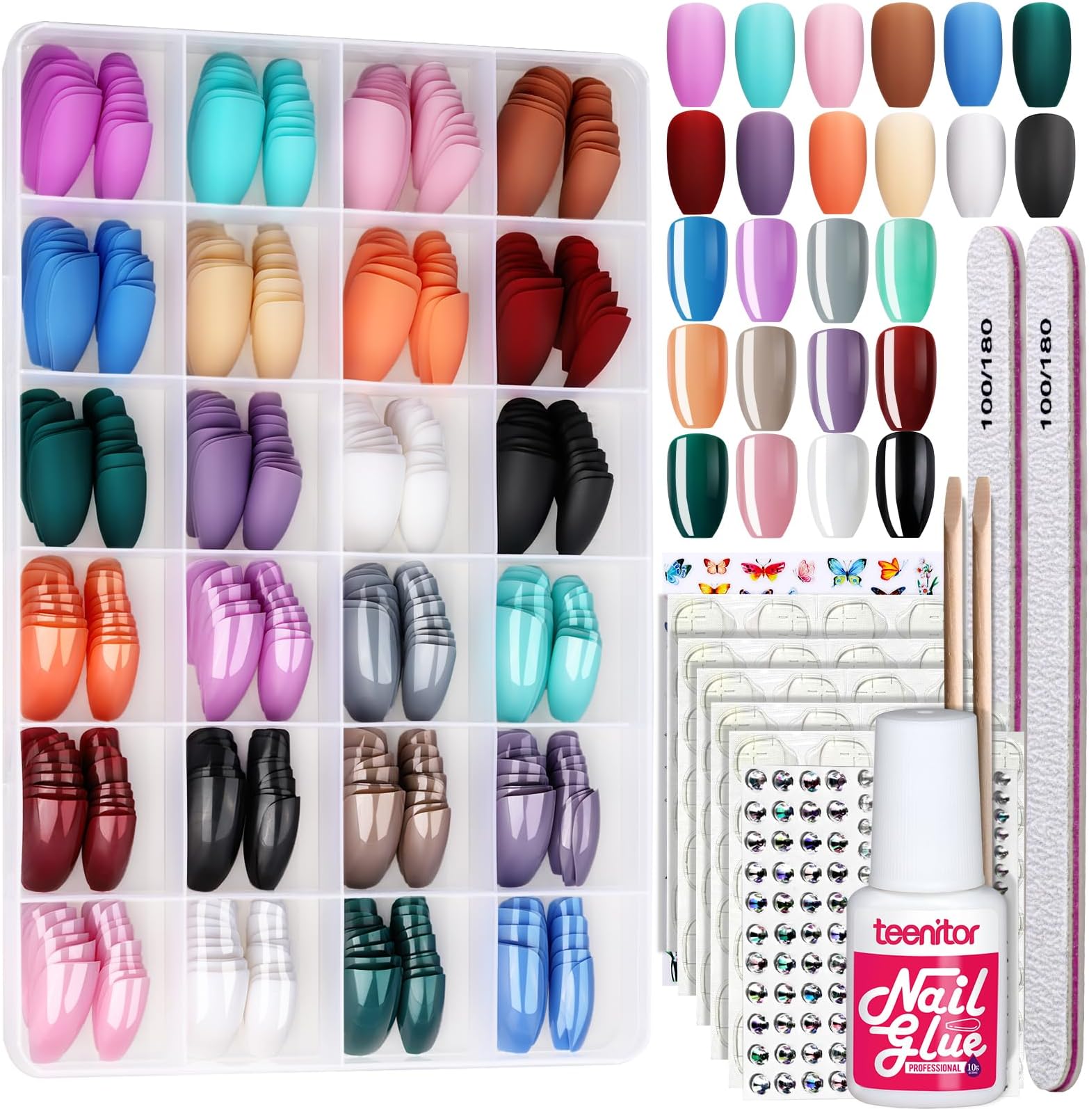 Coffin Shape Press On Nails Set, Teenitor 24 Packs 576PCS Matte Short Coffin Glue On Nails Medium Length, 12 Colors Coffin , 12 Colors Glossy Press On Coffin Nails, Reusable, Nail Adhesive Tabs, Nail Stickers Rhinestone