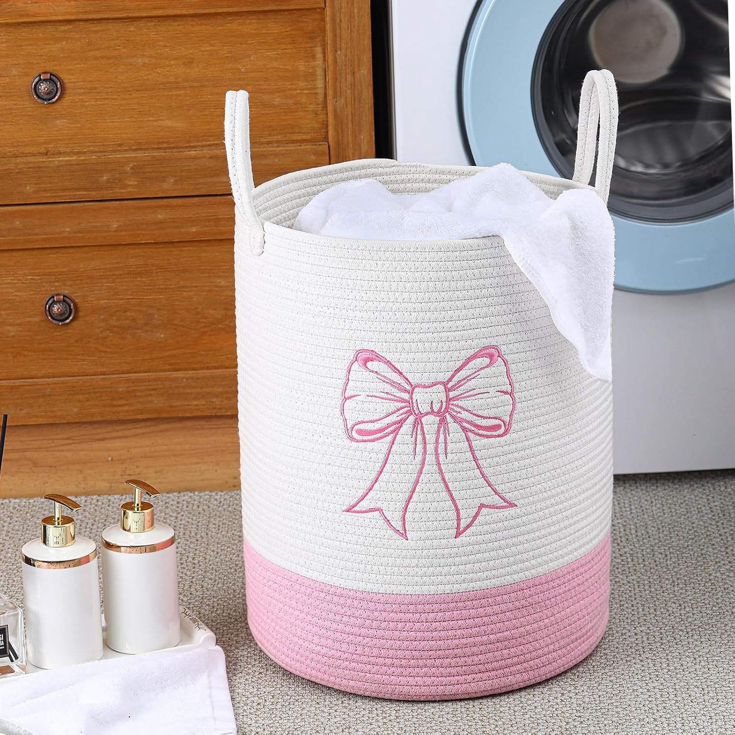 Honeydak Pink Bow Cotton Rope Laundry Basket Hamper Large Laundry Basket Hamper Coquette Bow Room Decor for Girls Girly Nursery Storage Bin Tall Round Organizer for Blanket Toys Clothes - Image 5