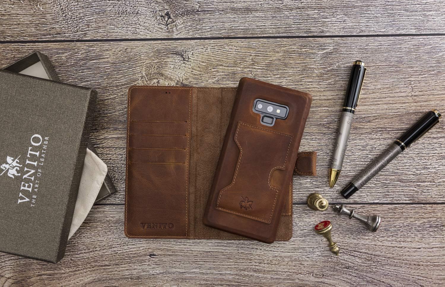 Venito Florence Leather Wallet Phone Case Compatible with Samsung Galaxy Note 9 - Extra Secure with RFID Blocking - Detachable Phone Wallet - Antique Brown